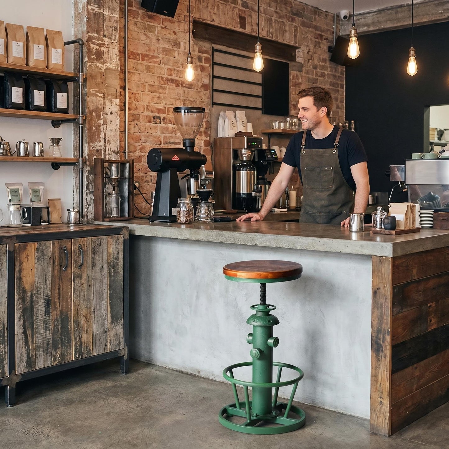 Topower Antique Industrial Round Bottom Adjustable Height Cafe Coffee Retro Vintage Stylish Water Pipe Design Pub Kitchen Bar Stool Antique Green
