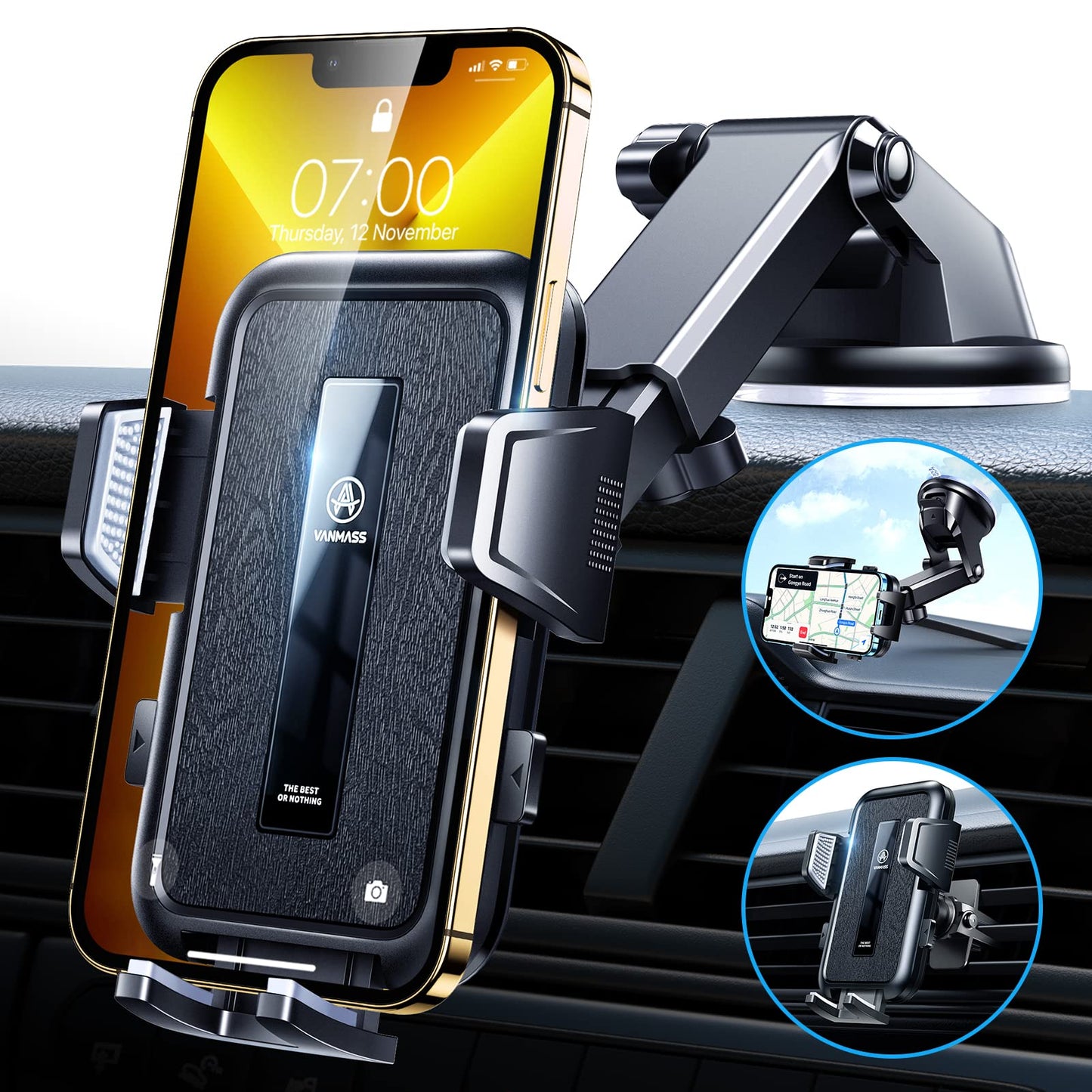 VANMASS High-end Max Upgrade Car Phone Holder?Large Phone & Thick Case Friendly? Super Suction Mobile Automobile Cradle Van Dashboard Windscreen Vent
