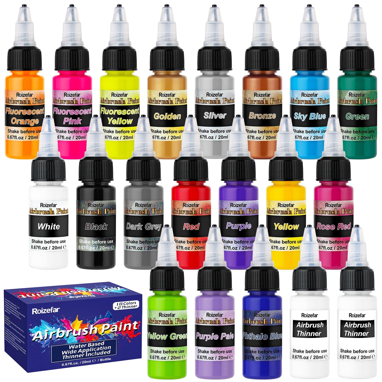 Roizefar Airbrush Paint, Air Brush Paint Kit 18 Acrylic Paints + 2 Airbrush Thinner, Airbrush Set for DIY Projects, Beginners, Water-Based Paint,