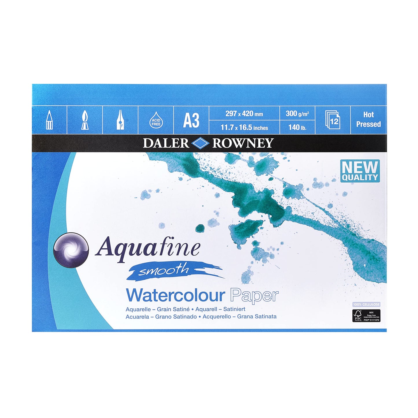 Daler-Rowney Aquafine Smooth Hot-Pressed Watercolour & Gouache A3 300gsm Paper Pad, Glued 1 Side, Natural White, 12 Sheets, For Professional &