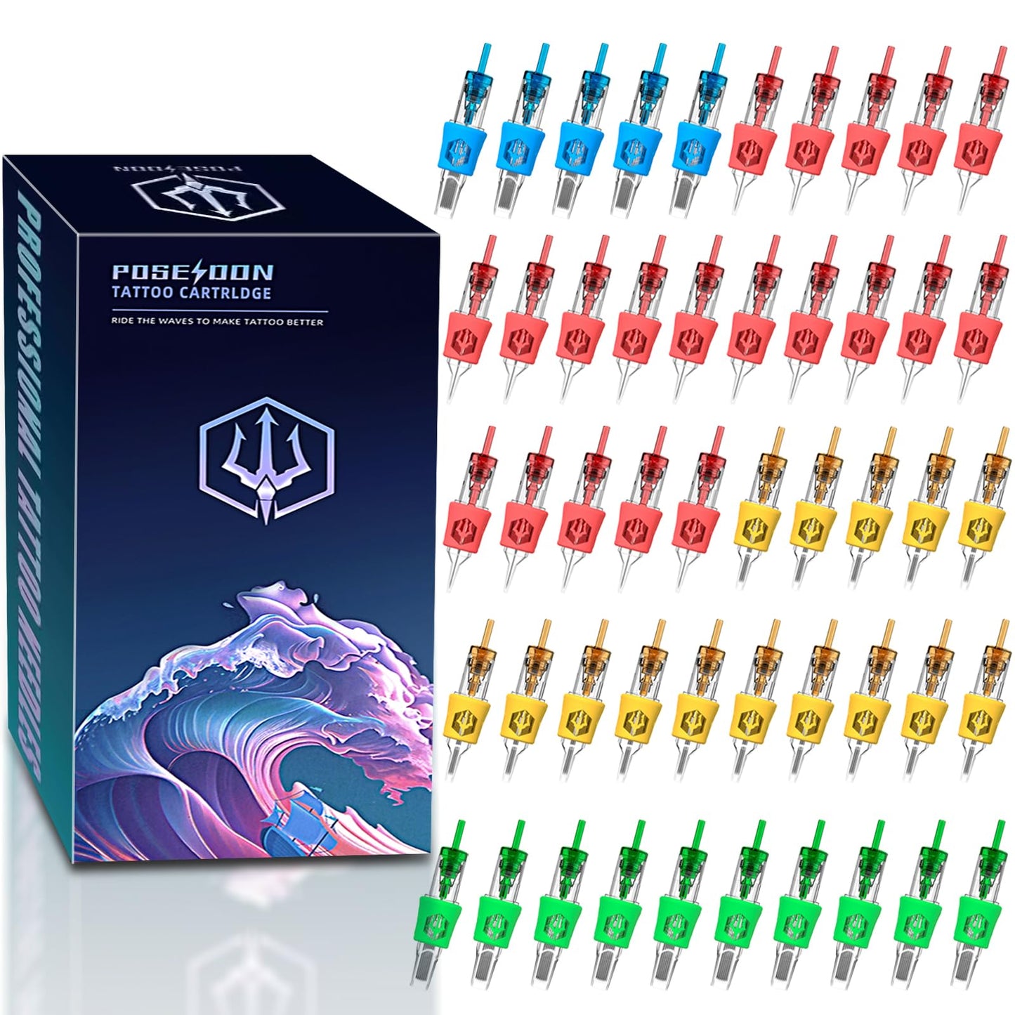 Poseidon 50Pcs Tattoo Cartridge Needles Assorted Mixed Size Round Liner Shader Magnum Curved/Round Mag # 12 Standard 3RL 5RL 7RL 9RL 5RS 7RS 9RS 7RM
