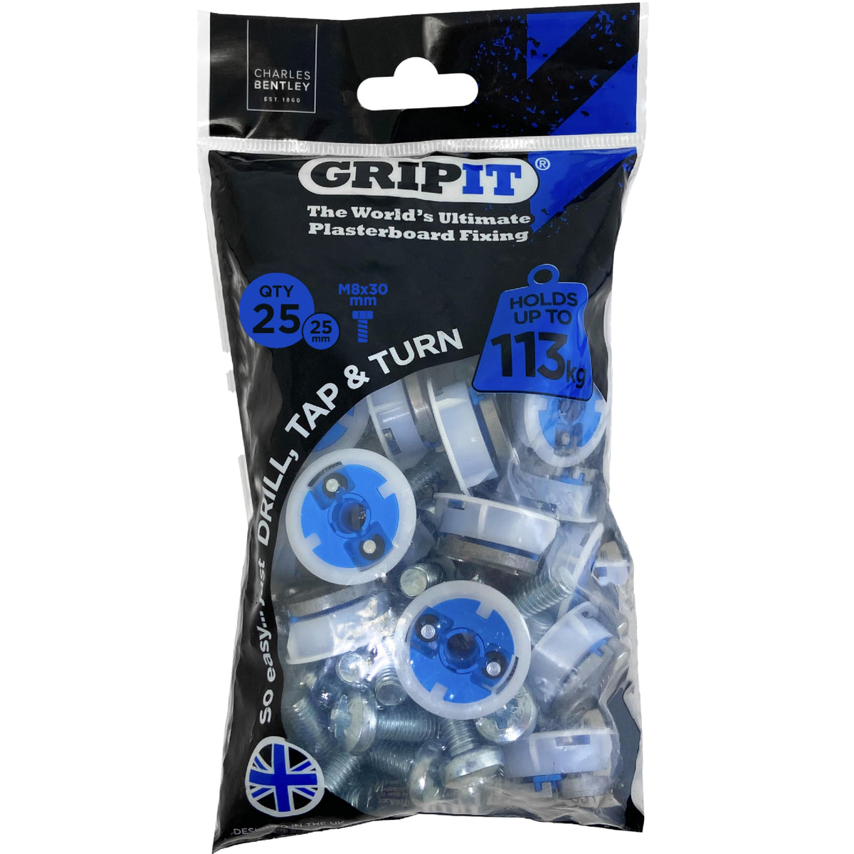 Gripit Blue Heavy-Duty Plasterboard Fixings - Reusable Drywall Fixings - Pack of 25 - Holds Up to 113kg - Easy to Install Drywall Anchor for TV, Stud