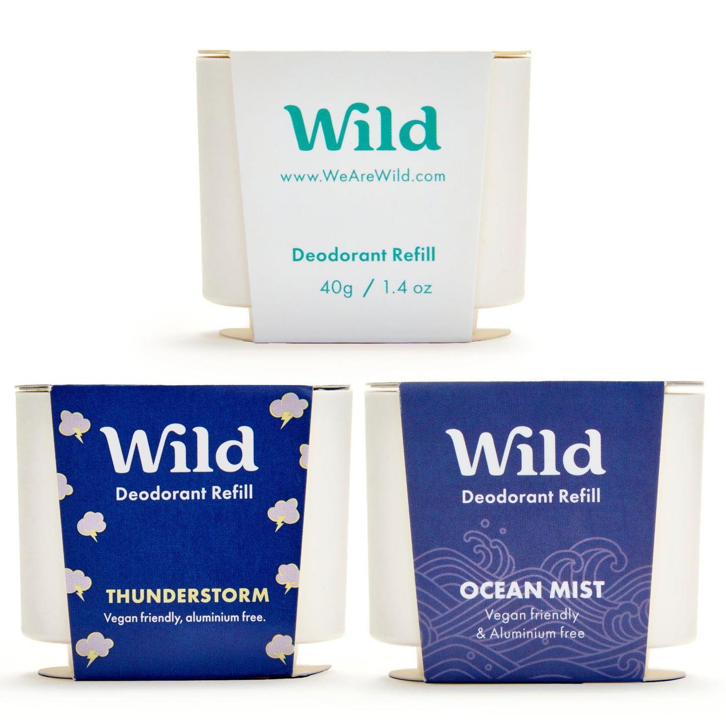 Wild - Natural Refillable Deodorant Variety Pack with Clean Fresh Scents - Aluminium Free - Scents Include Fresh Cotton & Sea Salt, Ocean Mist &