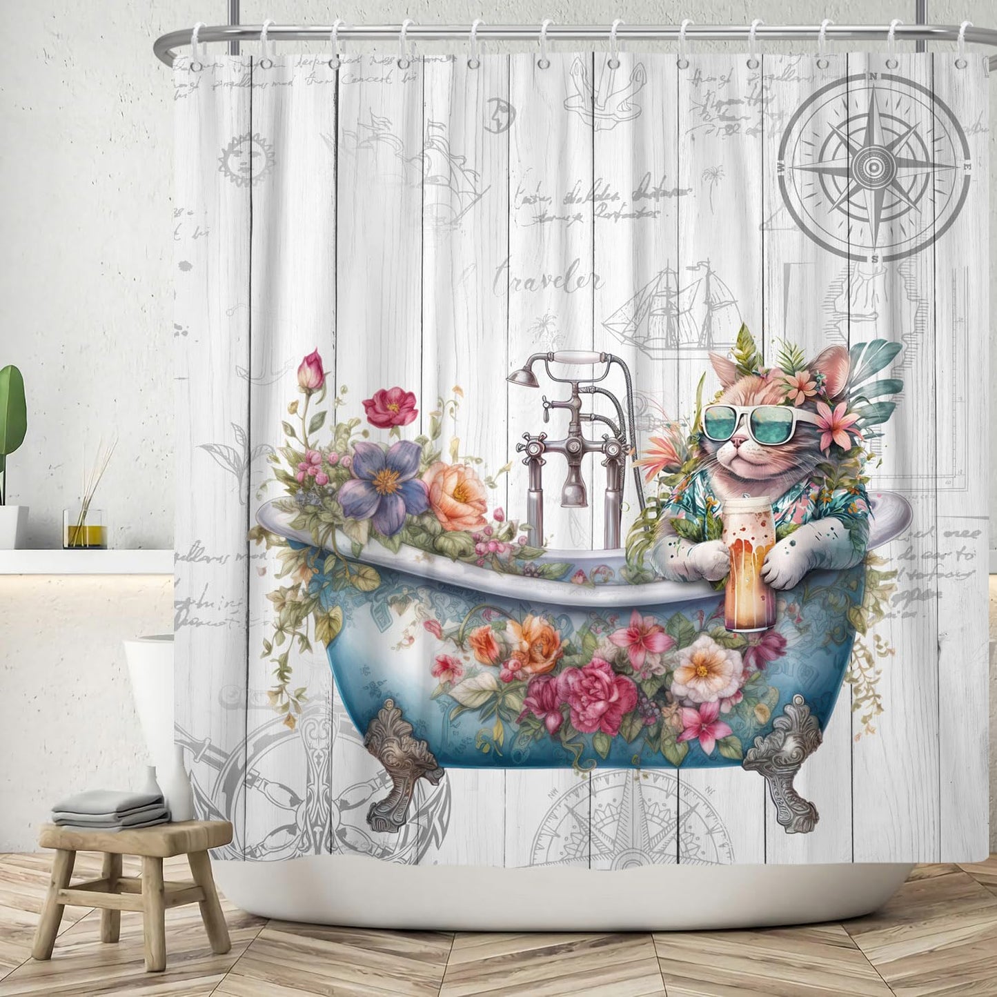 ASDCXZ Funny Shower Curtain 180x180 cm, Vintage Wood Maritime Background Funny Cat Flowers Leaves Washable Bath Shower Curtains Polyester Textile