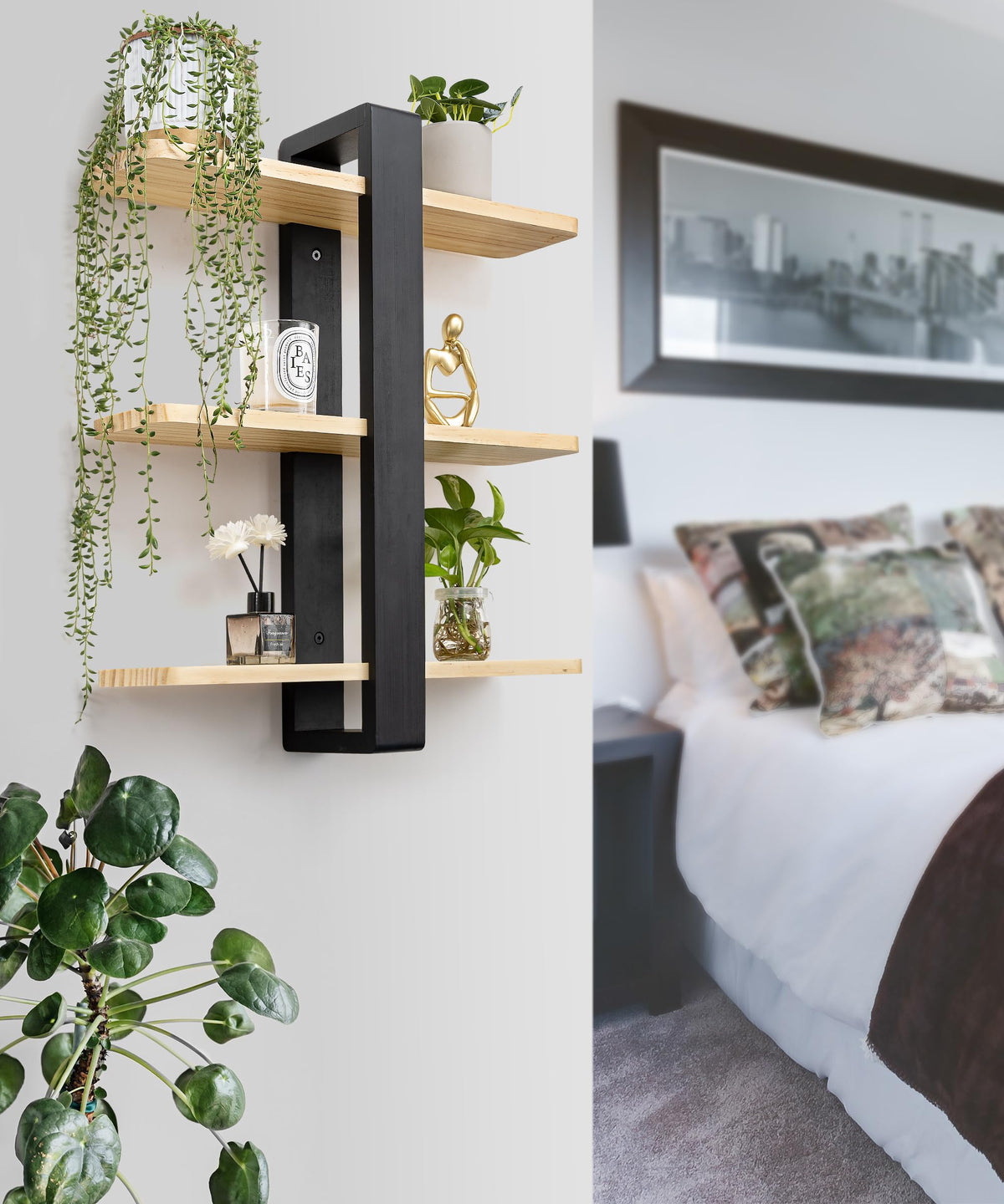 SUMGAR Floating Shelves for Wall Mounted Shelving Unit All Pine Wood 50CM 3 Tier Large Shelf for Bedroom Living Room Office Bathroom Home Decoration