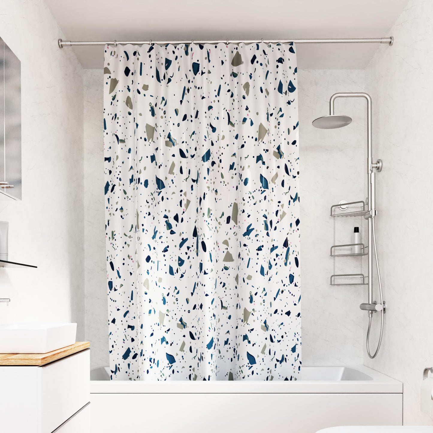 Croydex Shower Curtain with Blue Terrazzo Design - 100% Polyester with a Weighted Hem, Machine Washable and coated with Proseal for Water Repellence,