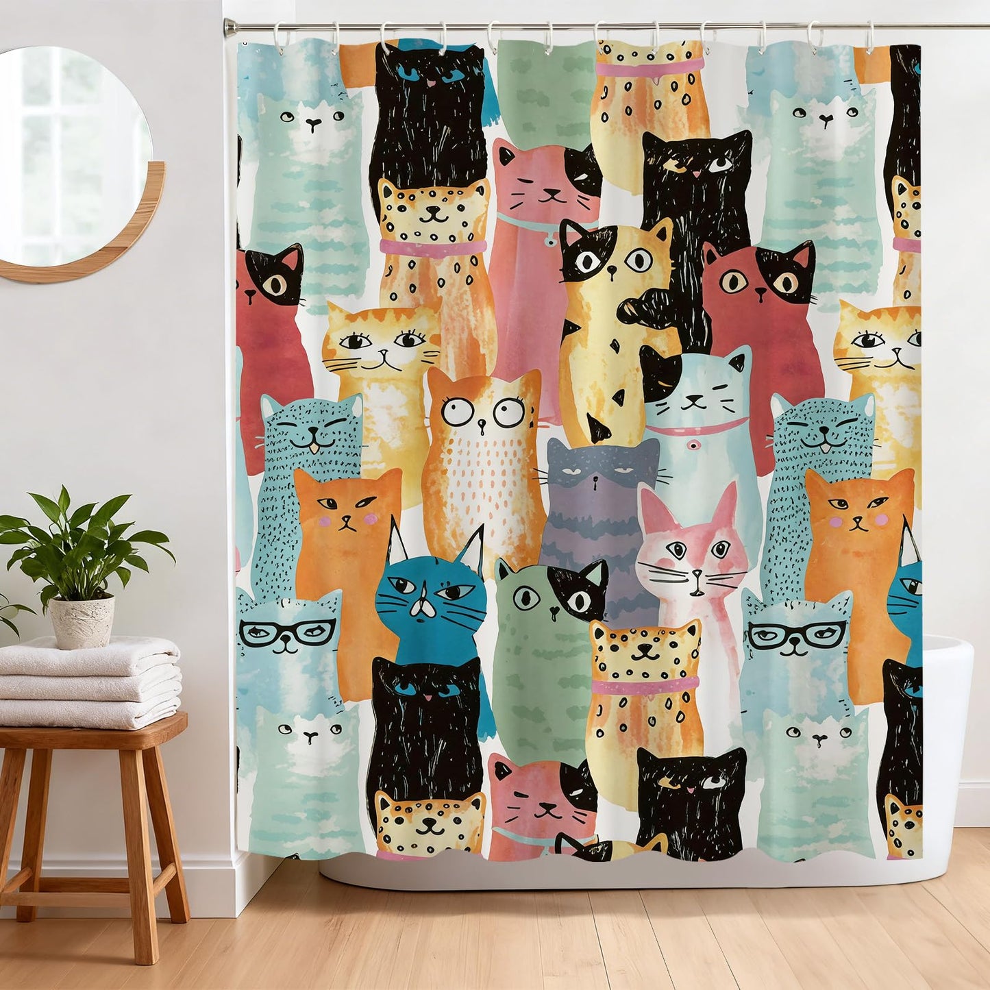 BREASOME Cat Shower Curtain 180 x 180 cm Graffiti Art Funny Cute Cat Shower Curtain for Bathroom Decor Mould Proof Waterproof Polyester Fabric Bath