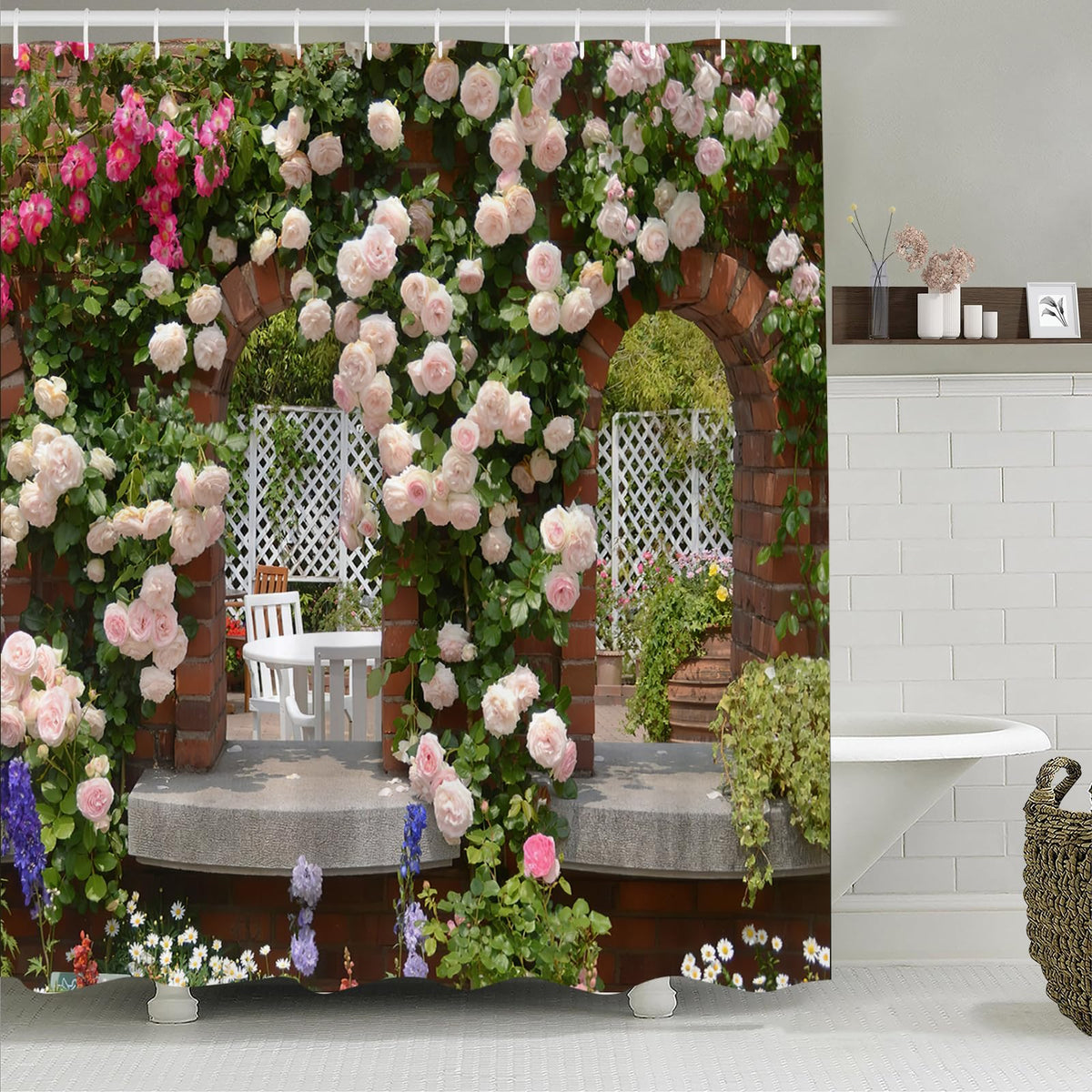 Simpomsy Design Shower Curtain, Pink Rose Shower Curtain Green Plant Spring Garden Landscape Bathroom Curtain Waterproof Cloth Fabric Bathroom Decor
