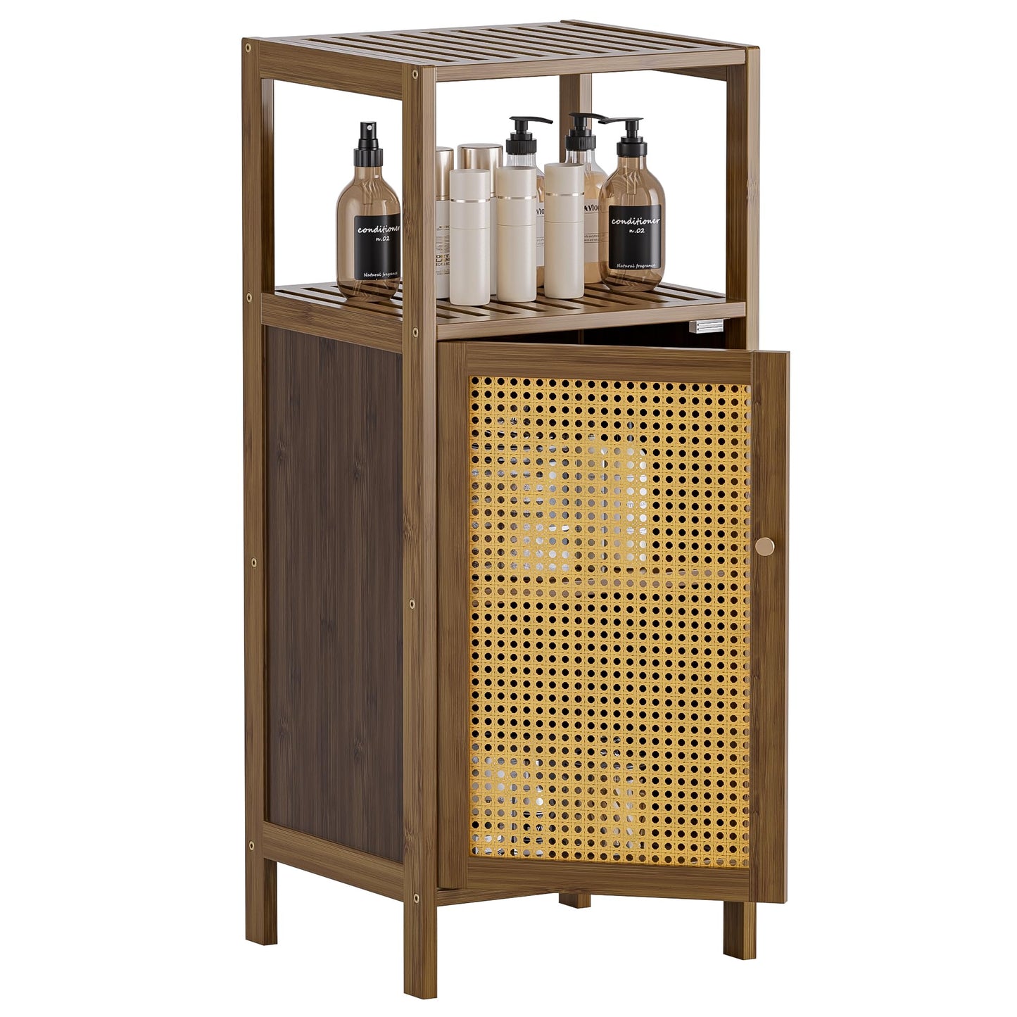HITNET Rattan Bathroom Floor Cabinet, Bamboo Storage Cupboard with Single Door, Freestanding Small Living Room Sideboard, Space Saving Entryway