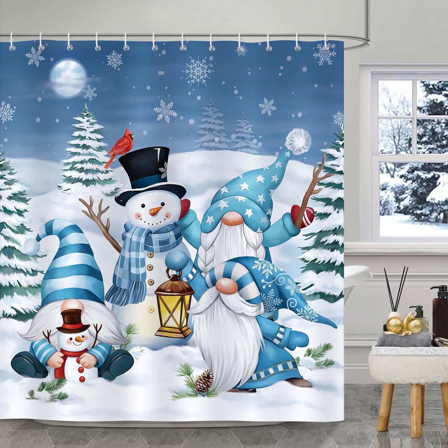 Bonhause Christmas Gnomes Snowman Shower Curtain, Winter Snowy Pine Tree Blue Bathroom Curtain 180 x 180 cm Waterproof Mildew and Mould Resistant