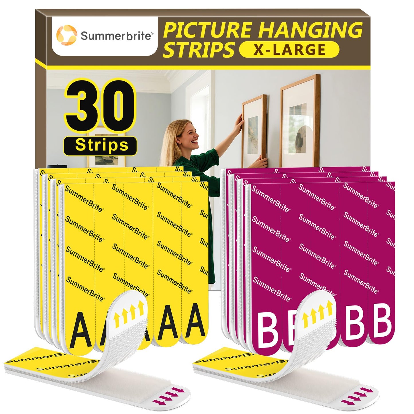 Summerbrite Picture Hanging Strips Heavy Duty 15 Pairs(30 Strips,XL),Damage Free Hanging Adhesive Strips,Mounting Tapes Removable,No Nails for Picture