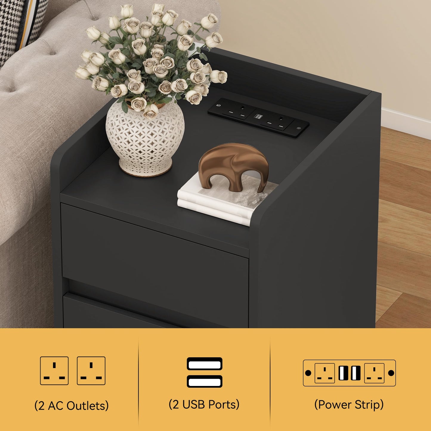 YITAHOME Bedside Table 3 Drawers Charging Station Nightstand Storage Black