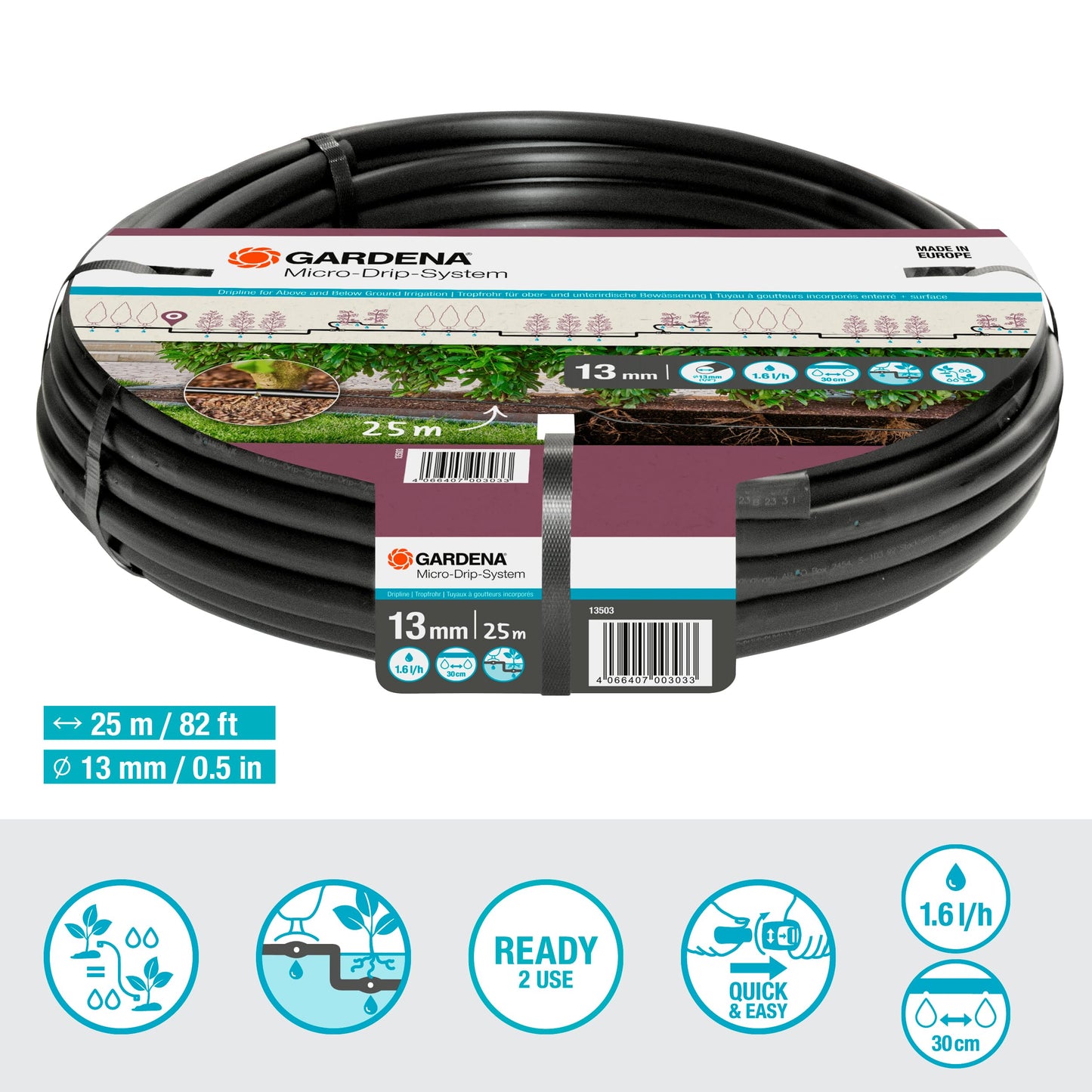 Gardena Micro-Drip-System Irrigation Line 1.6 l/h, above-ground and underground (25 m): Extension pipe for water-saving irrigation system, simple &
