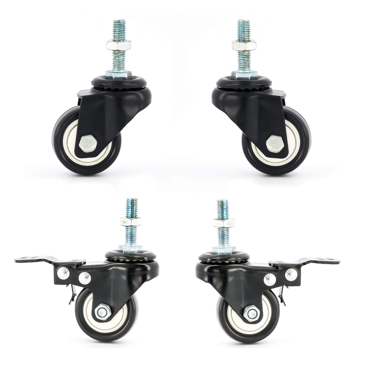 4 x Castor Wheels by FPM Direct Heavy Duty 200Kg Load Rating 40mm PU Rubber Swivel Castors with Brakes in Black, M8 Thread Fixing Nuts Included Trunk