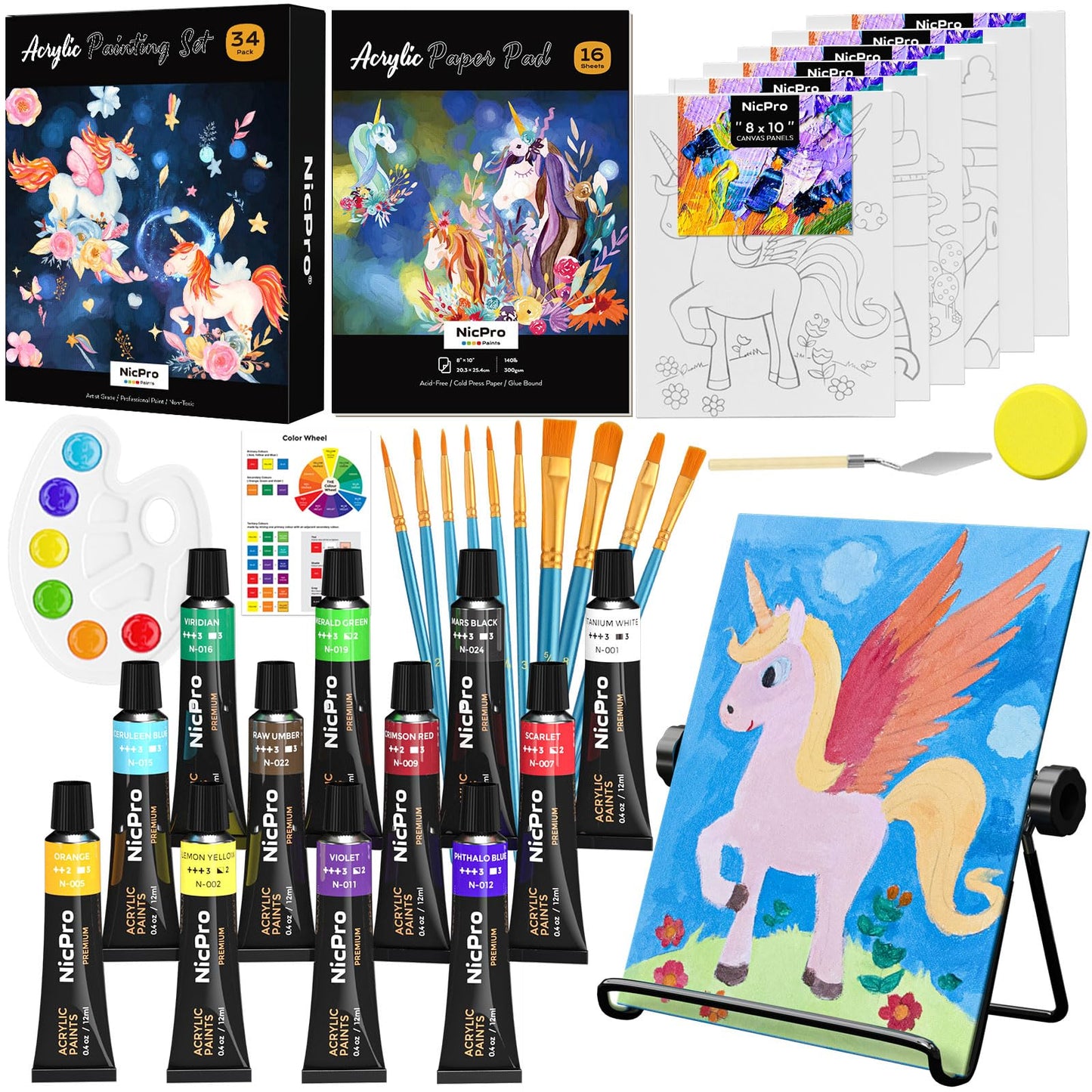 Nicpro 34PCS Painting Set with Pattern Canvas, Art Painting Supplies Kit with 12 Acrylic Paints,10 Brushes,6 Canvas Panels,Table Easel,Paper Pad,Color