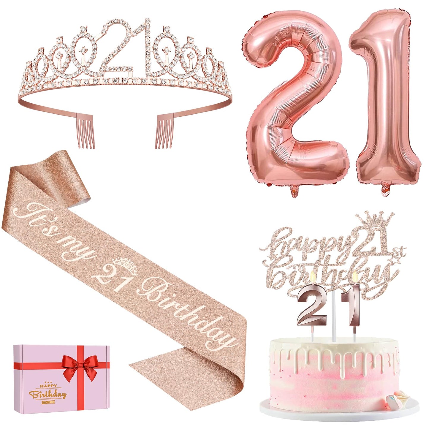 Amosking 21st Birthday Decorations for her, Including 21st Birthday Sash and Tiara, Cake Topper and Candles, Rose Gold Number Balloons, 21 Year Old