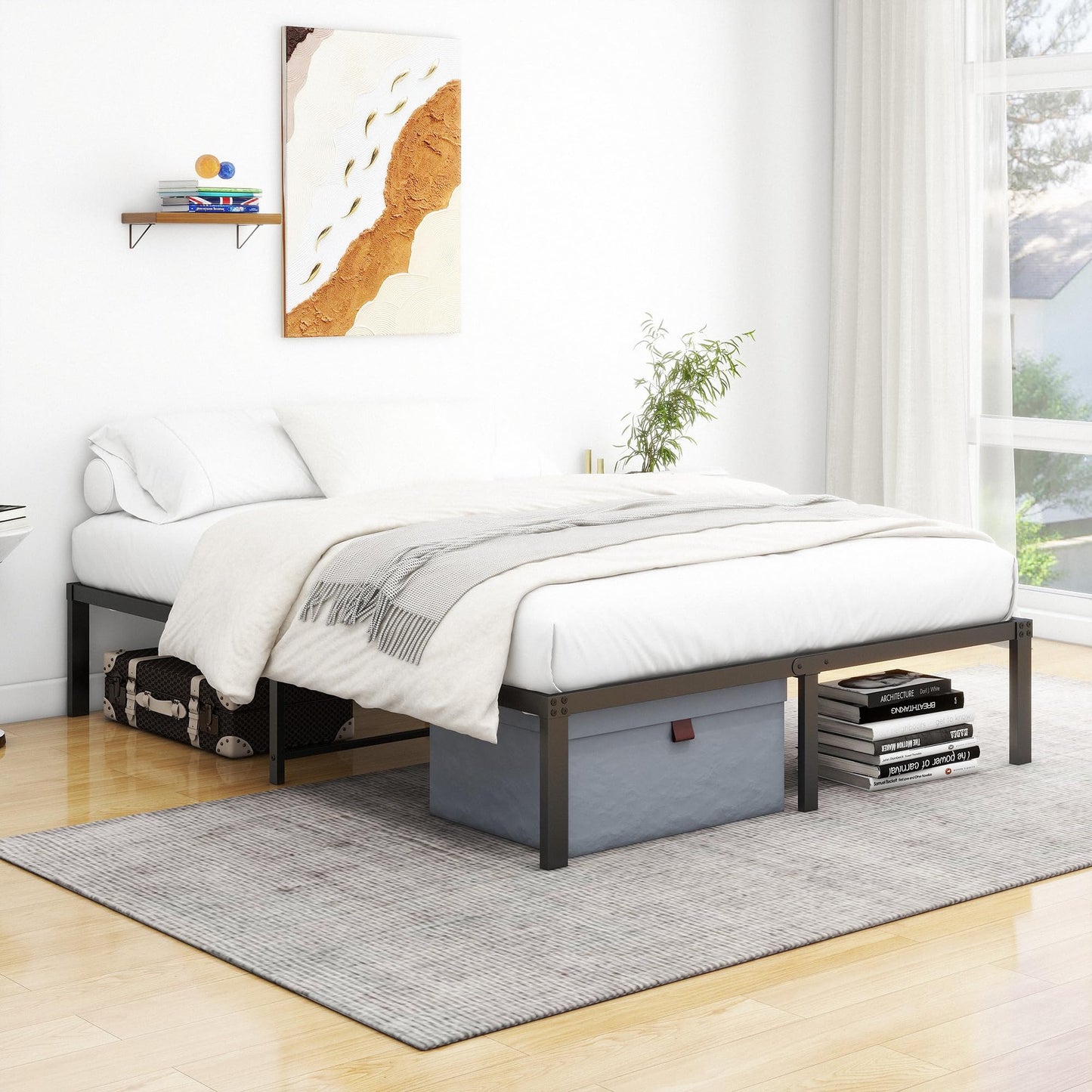 VERFARM King size Bed frame, Metal Bed 150x200 cm, 36 cm Height with Underbed storage, 5ft King Size Metal Platform Bed Frame with Steel Slat Support,