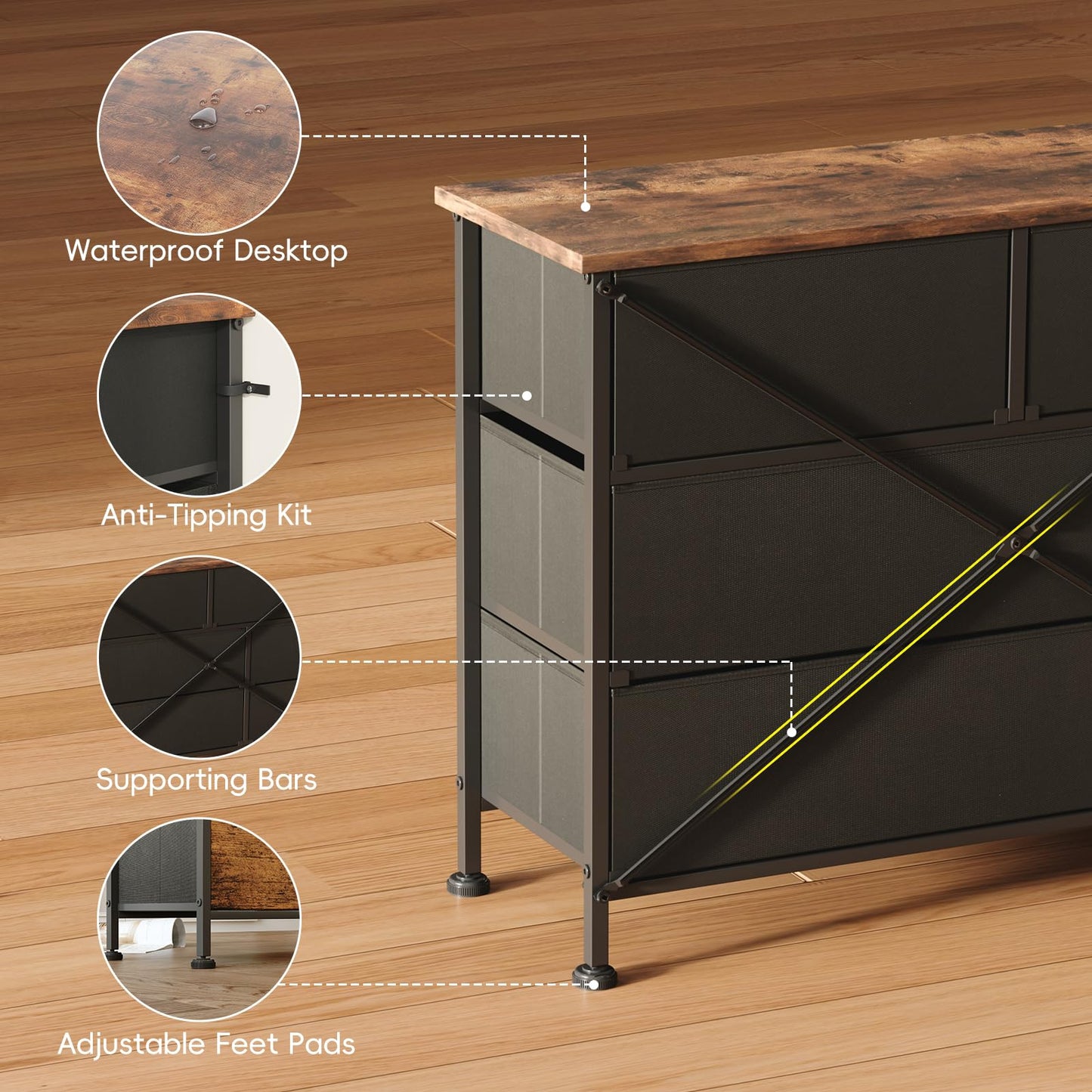 VERMESS Bedroom Dresser & Chests of Drawers with 10 Fabric Drawers, TV Stand Cabinet Unit for 65", 70" TV, Dresser Storage Organizer