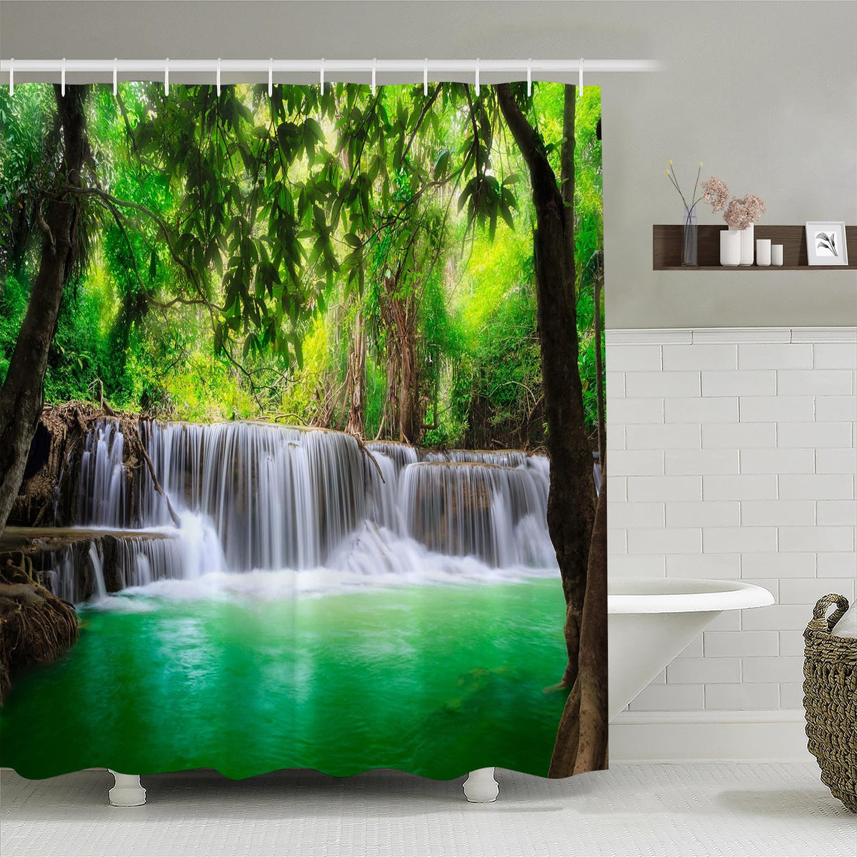 Simpomsy Outdoor Shower Curtain For Garden Green Lake Summer Waterfall In Forest Woodland Nature Jungle Scenery Art Printing Summer Bath Curtain With