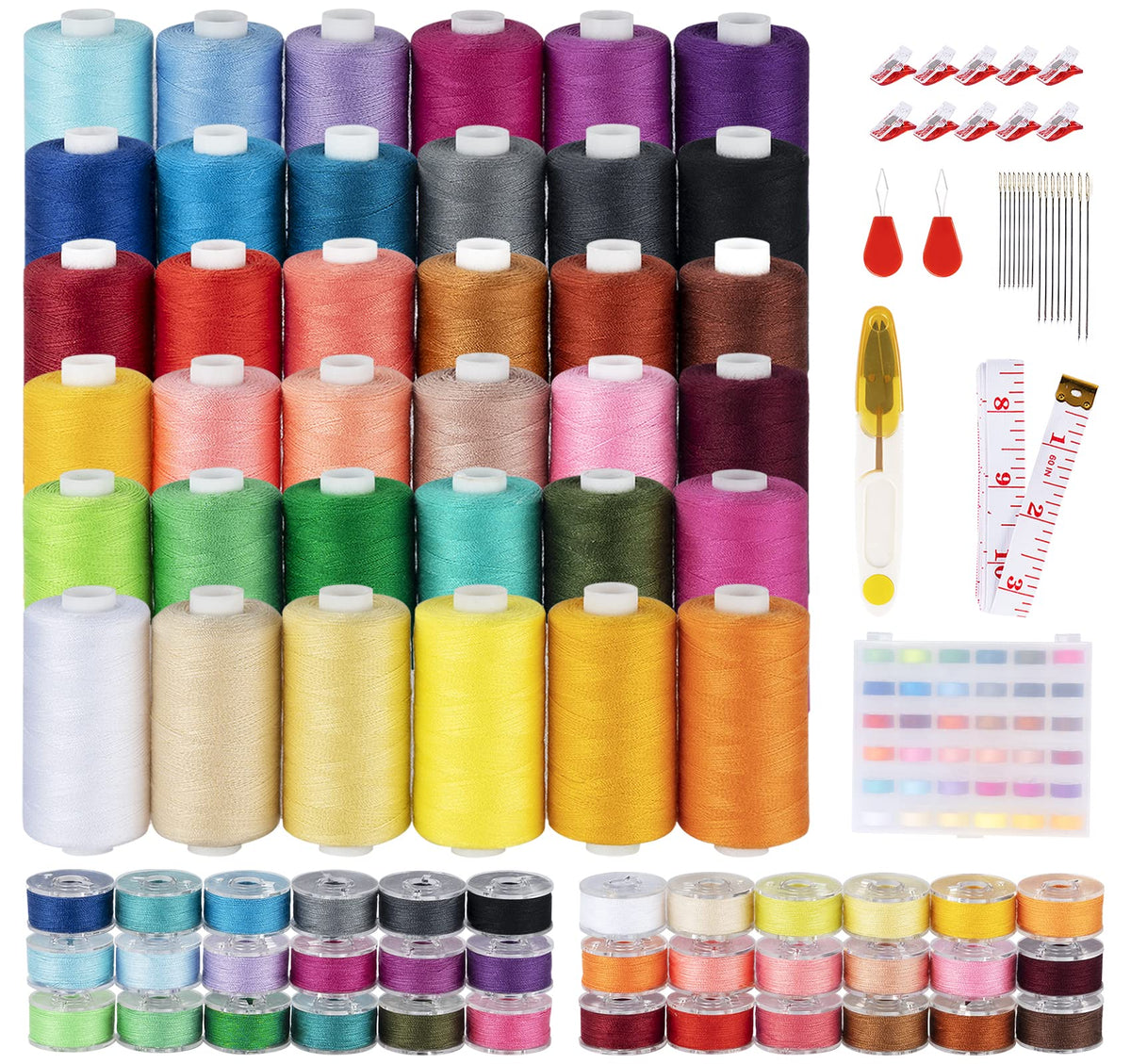 Agoer 700 Yard Bobbins Sewing Thread Set, 36 Colors Polyester Thread Spools, Longer Prewound Sewing Thread with Bobbins Case for Brother Singer Janome