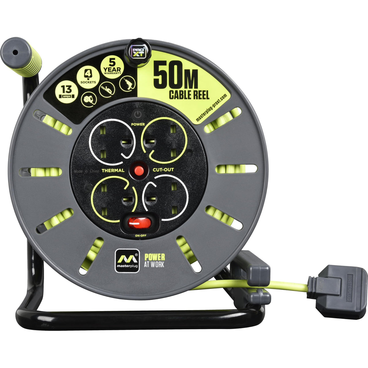 Masterplug OLU50134SL-PX Pro-XT Four Socket Open Cable Reel with Winding Handle, Thermal Cut Out and Power Switch, 50 Metres High Visibility Cable,