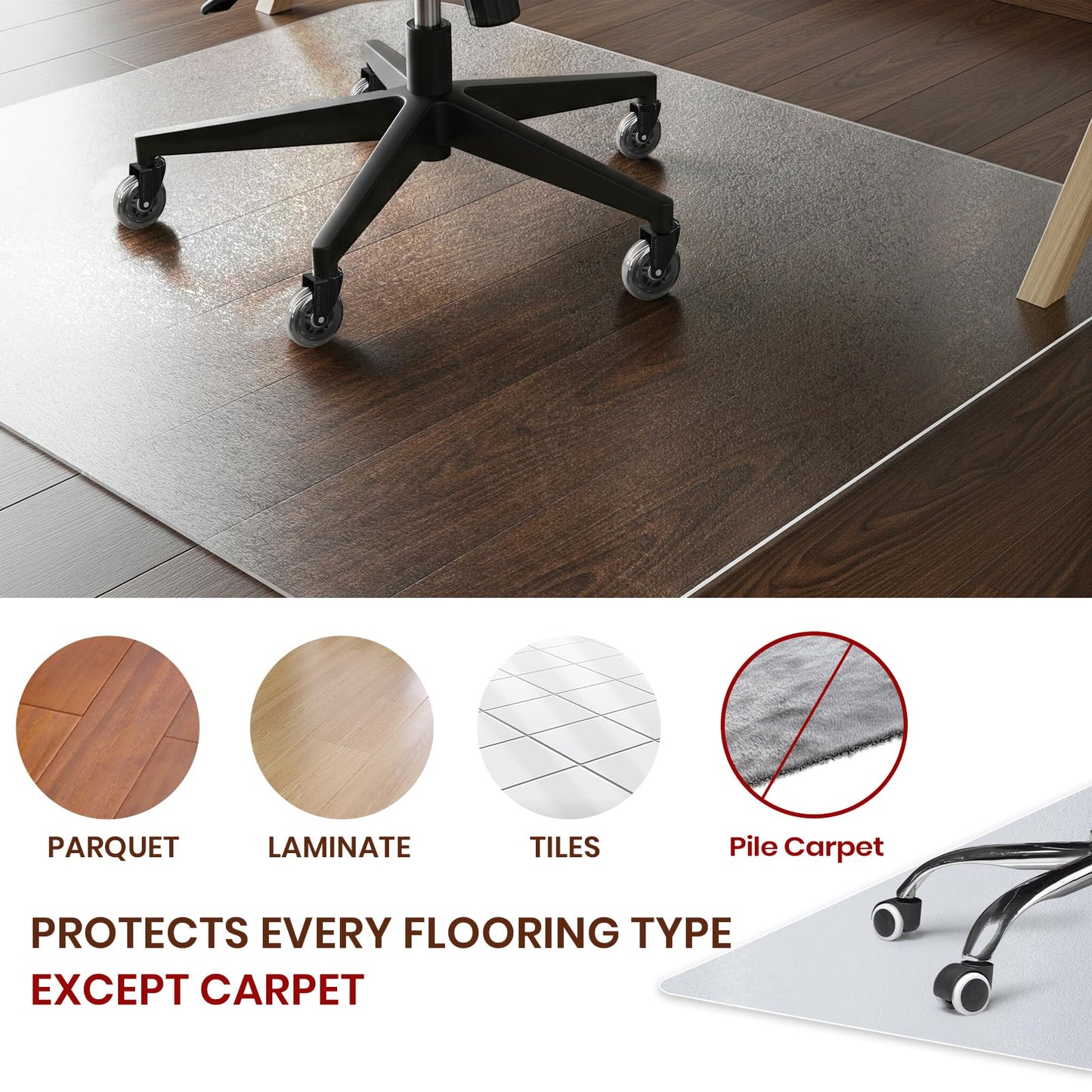 COSYLAND Anti-Slip Frosted Mat for Office Chair on Hardwood Floor - Heavy Duty Under Desk Rug for Rolling Chair - Home Office Floor Protector