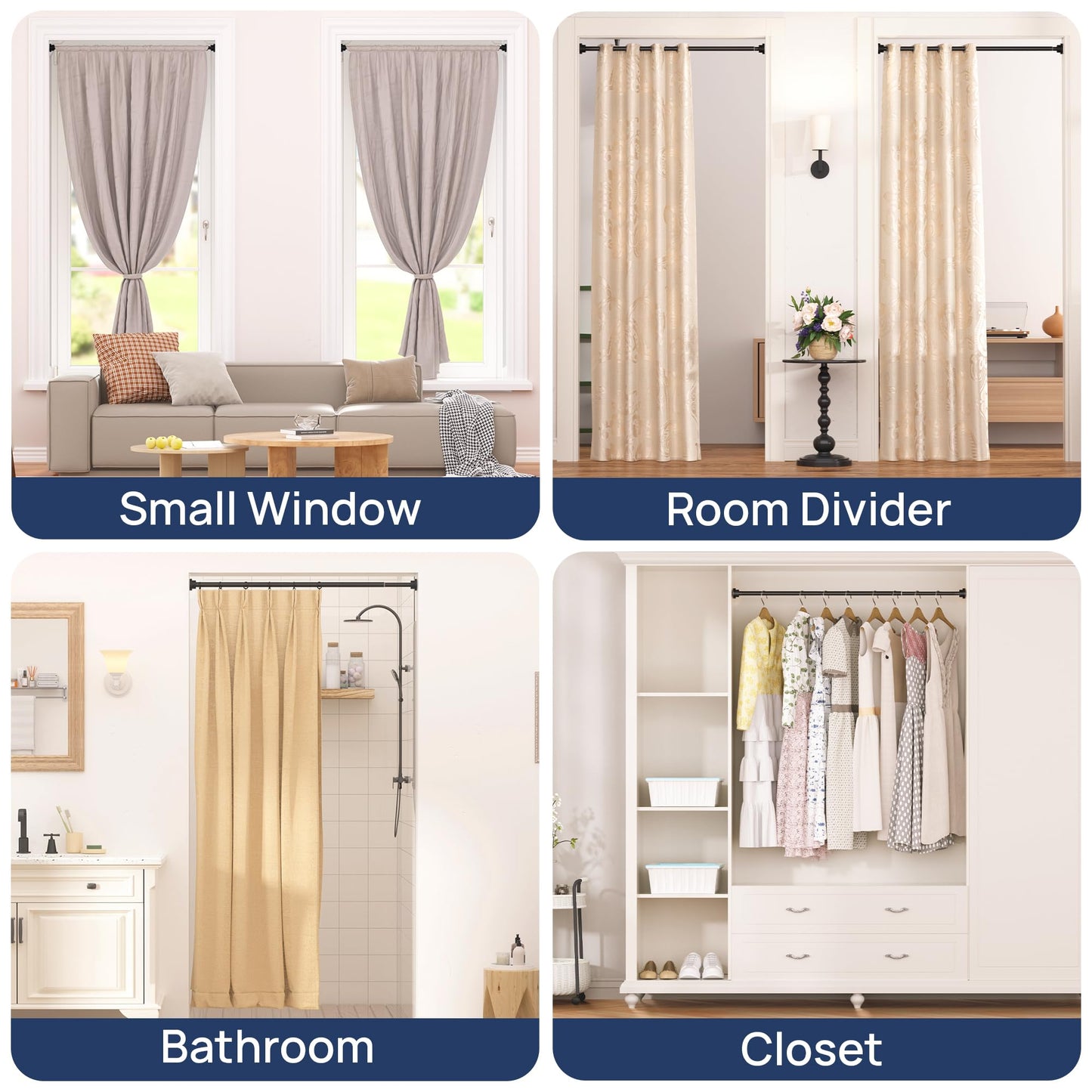 Matte Black Extendable Curtain Poles Shower Curtain Rod 81-137cm Tension Pole No Drilling, Never Rust Non-Slip Telescopic Pole for Clothes