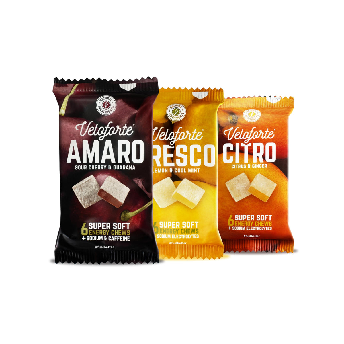 Veloforte Mixed Flavours Natural Energy Chews, 9 Pack, 42g-44g Fast Release Dual Source Carbs with Electrolytes, Vegan & Gluten Free for Cycling,