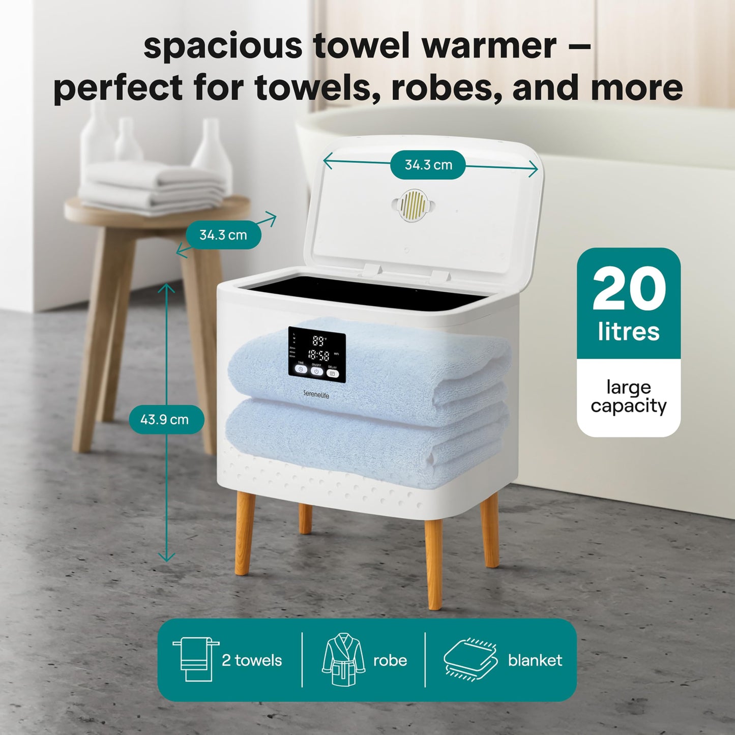 SereneLife Towel Warmer 20L Bucket – Wi-Fi Heater, Large Capacity Hot Spa & Blanket Warmer with Auto Shut Off, Energy Efficient, White