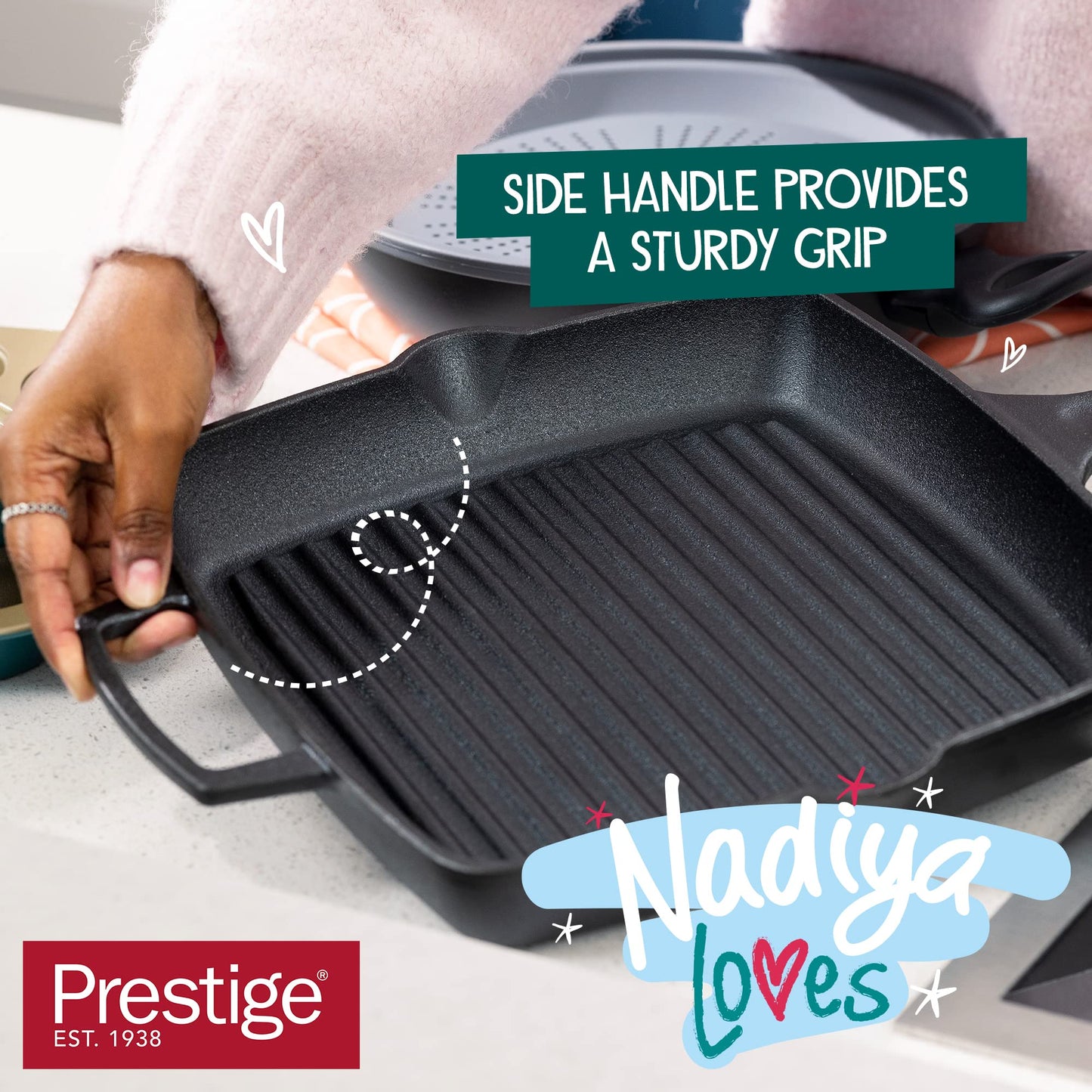 Prestige x Nadiya Cast Iron Griddle Pan - Pre Seasoned Square Cast Iron Pan 25cm, Induction suitable, BBQ & Oven Safe, Toxin Free Cast Iron Skillet