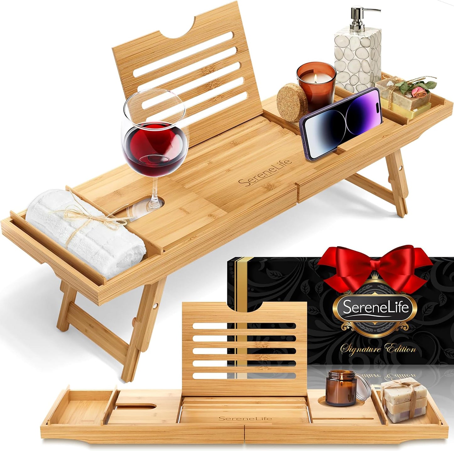 SereneLife Bath Caddy, Bed & Breakfast Tray Table Combo with Gift Box, Expandable Bath Shelf, Board for Across the Bathtub, Bath Rack / Table for Over