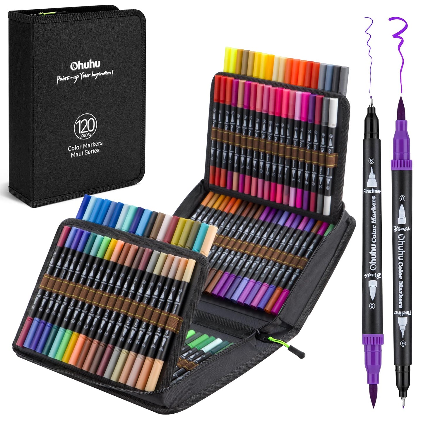 Ohuhu Colouring Pens: 120 Colours Dual Tips Brush Pens Water-Based Art Markers Set for Adults Colouring Book Drawing Sketching, Non-Bleeding - Maui -