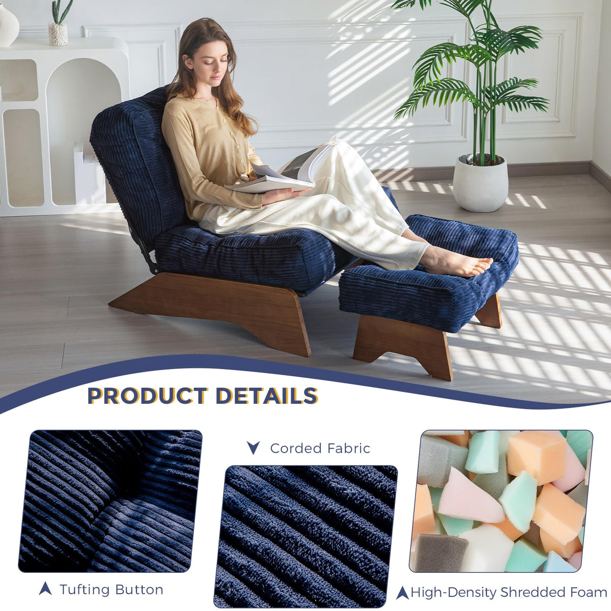 MAXYOYO Corduroy Folding Accent Chair with Footrest, Modern Upholstered Lounge Chair with Adjustable Backrest