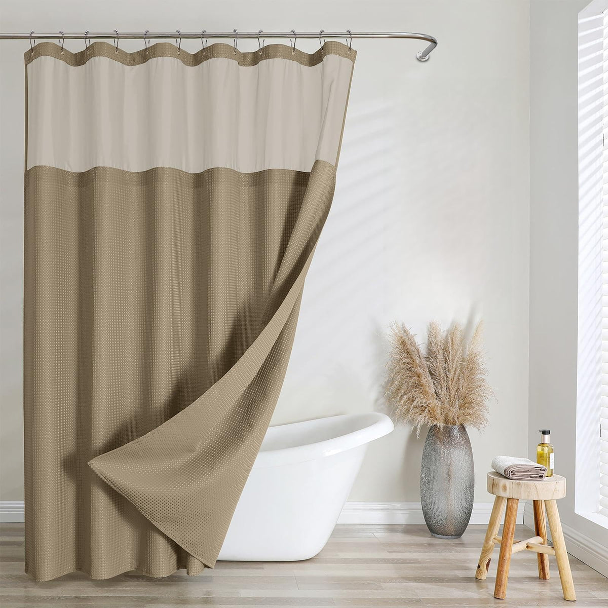 FY&XZH Weave Shower Curtain with Hooks, Heavy Waterproof Fabric Shower Curtain with TPU Coated Back, 72"x72" Hotel Style with Mesh Window, 12