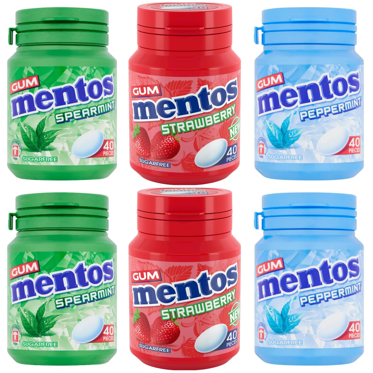 Mentos Sugar Free Chewing Gum 6 Pot Set Bundle 2 x NEW Strawberry, 2 x Spearmint, 2 x Peppermint, 40 pieces per tub Great Chewy Selection