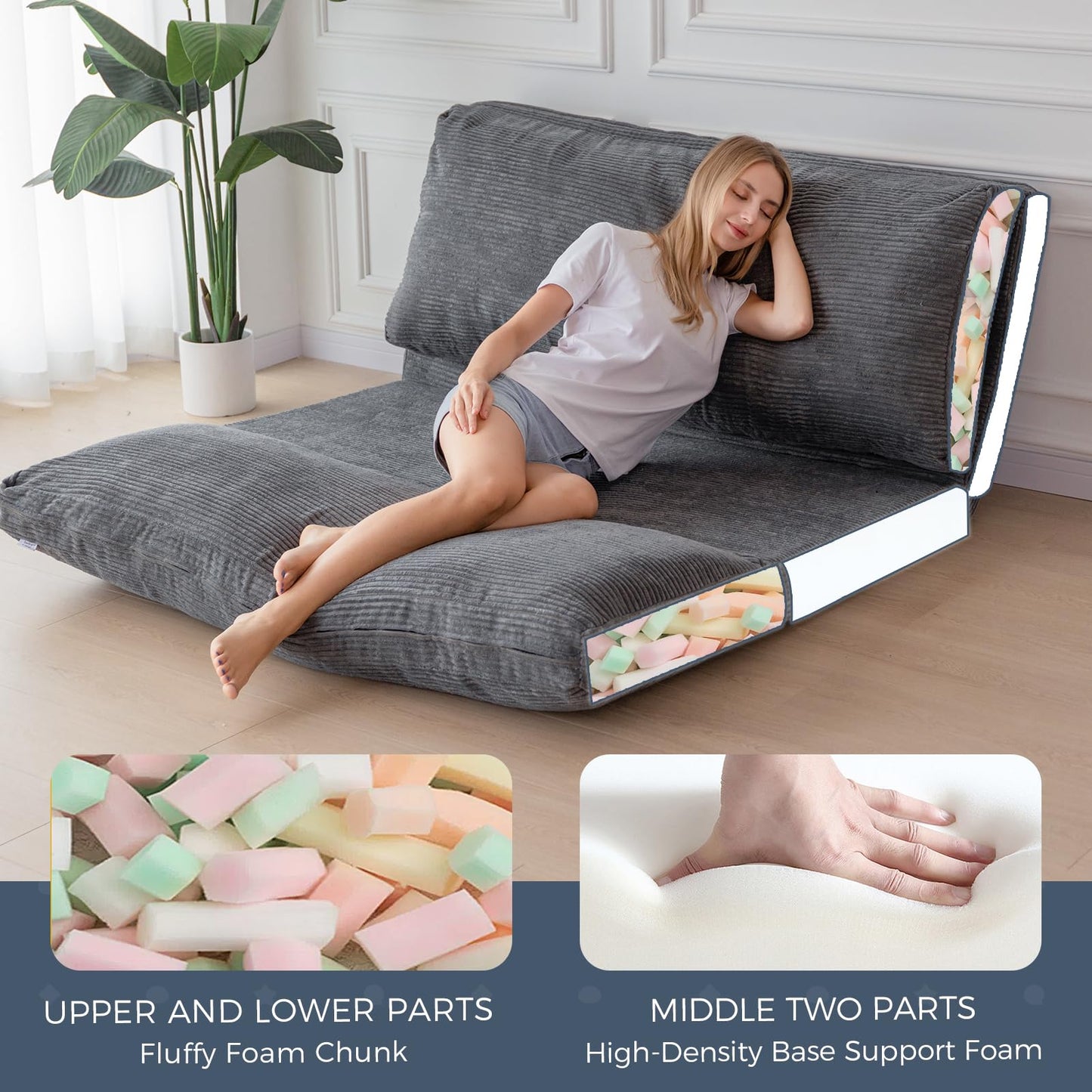 MAXYOYO Folding Corduroy Sofa Bean Bag Bed Chair Foam Filling Extra Thick 4 Fold Floor Couch Matress for Adults
