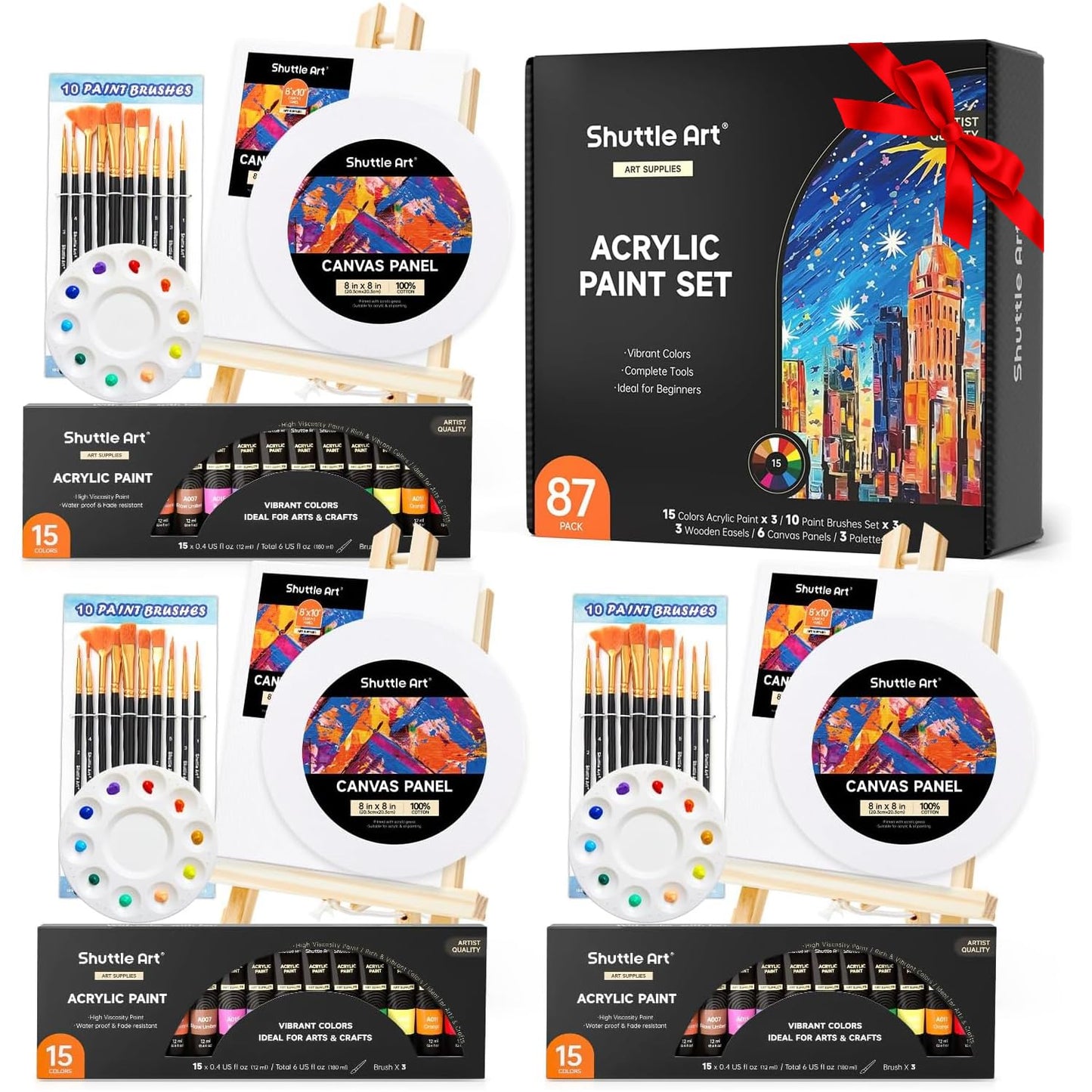 Shuttle Art 87 Pack Acrylic Paints Set, Canvas Painting Set with 3 Pack of 15 Colours Acrylic Paint, 3 Sets of Wooden Easels, Canvas, Brushes &