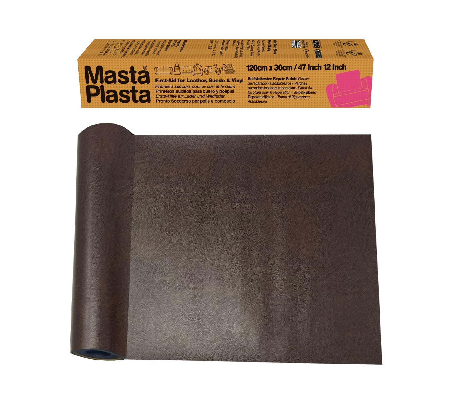 MastaPlasta Original Self-Adhesive Leather Repair Patch - Mid-Brown 120 x 30cm (47 x 12in). Your Quick and Easy All-in-One Upholstery-Quality Leather