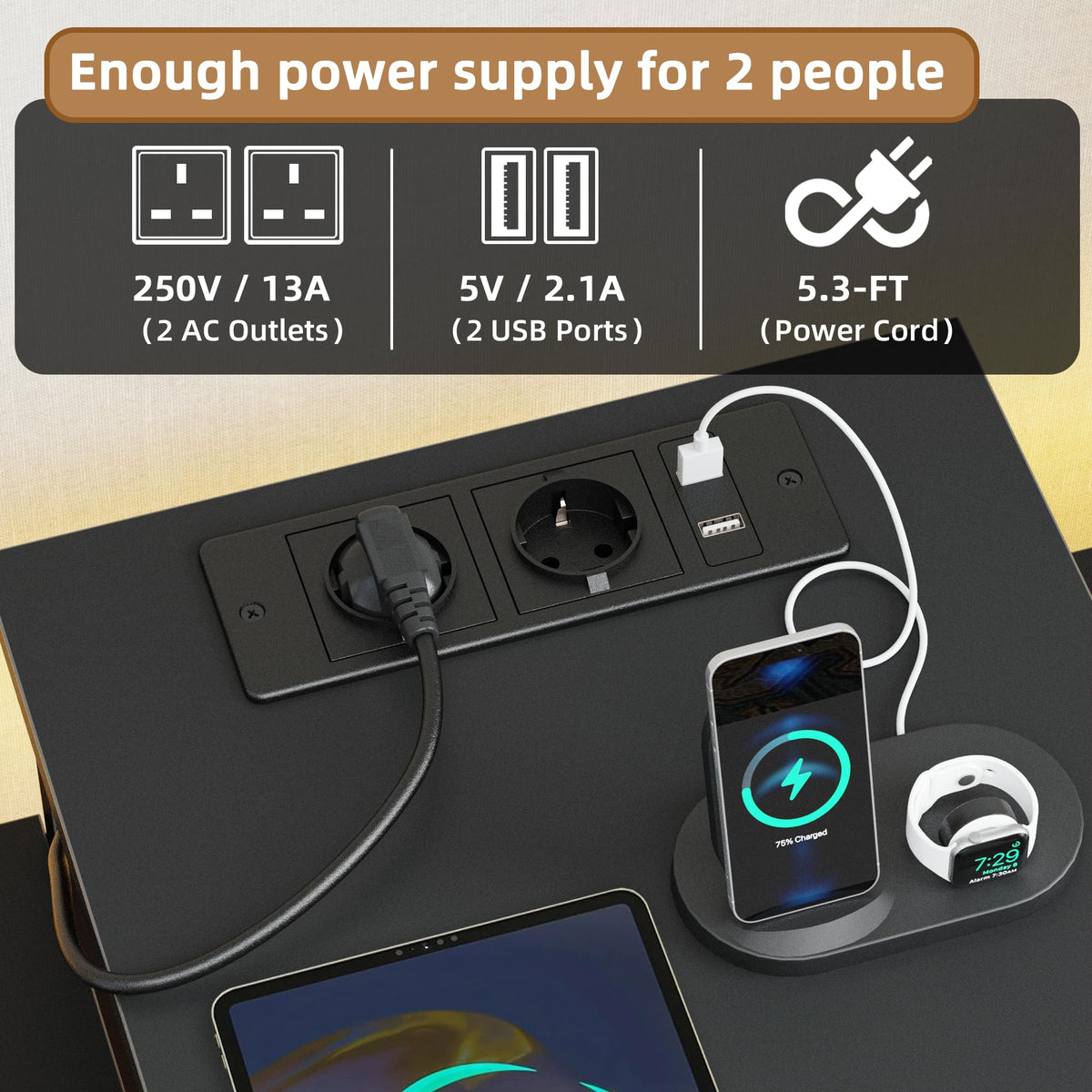 OYRREU 236cm Double Desk with Charging Station, LED & Drawers for 2 Person