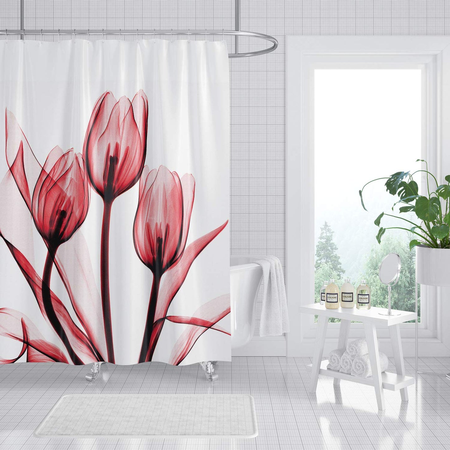 M&W DasDesign Shower Curtain Rose Tulips Flowers Plants Bathroom Textile Curtain Anti-Mould Effect Leaves Washable Shower Curtain Bath Includes 12