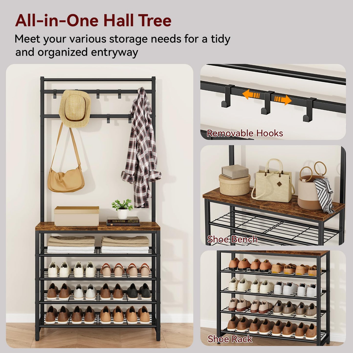 IBUYKE Coat Stand with Shoe Storage, 188cm Coat Rack with Shoe Rack, 5 Tier Shoe Storage Organizer with 9 Movable Hooks for Entryway Hallway Foyer