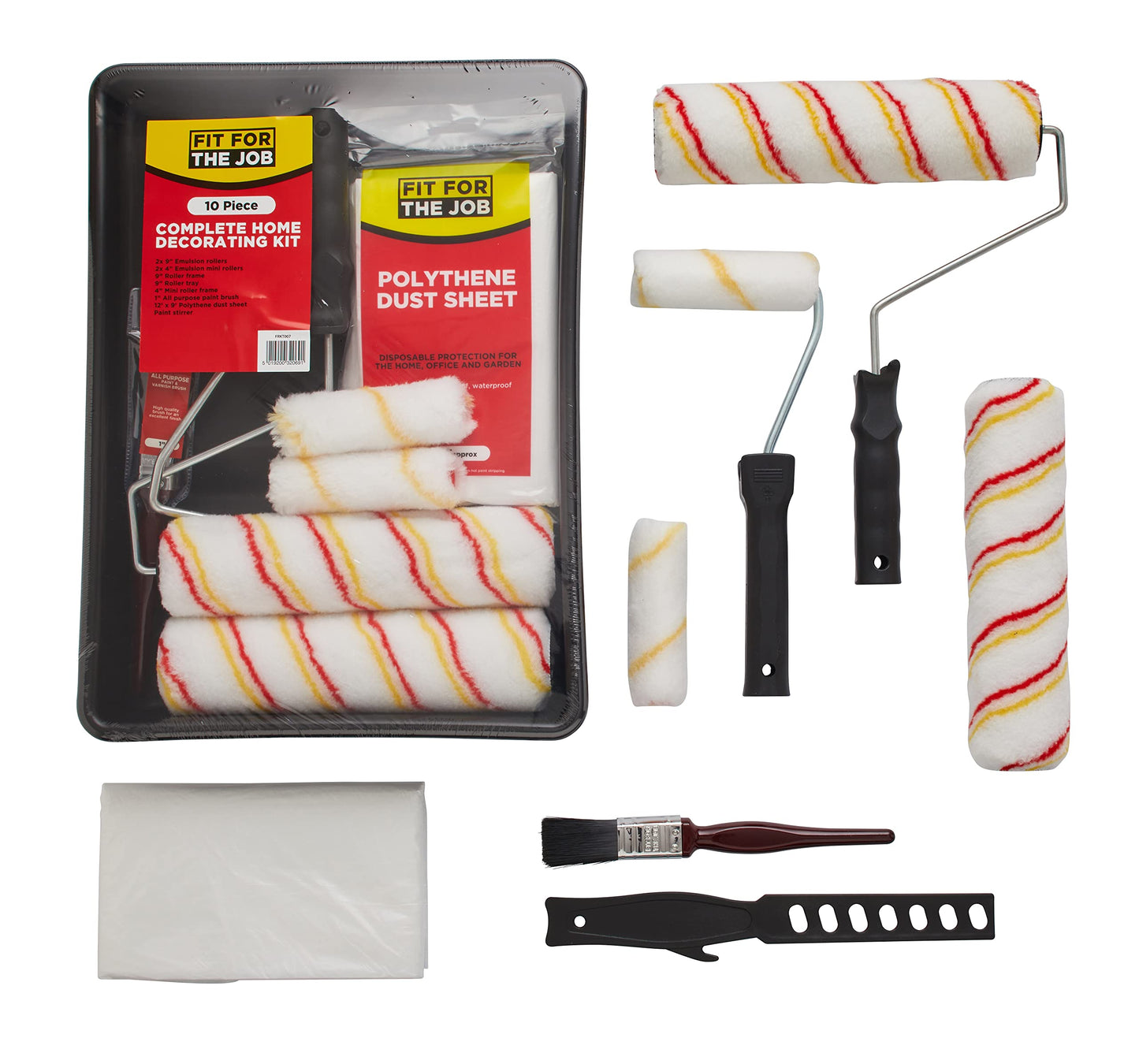 Fit For The Job 10pcs Home Decorating Kit Paint Rollers & Tray Set with Paint Brush,Dust Sheet,Stirrer - Roller Sets for Painting Walls & Ceilings