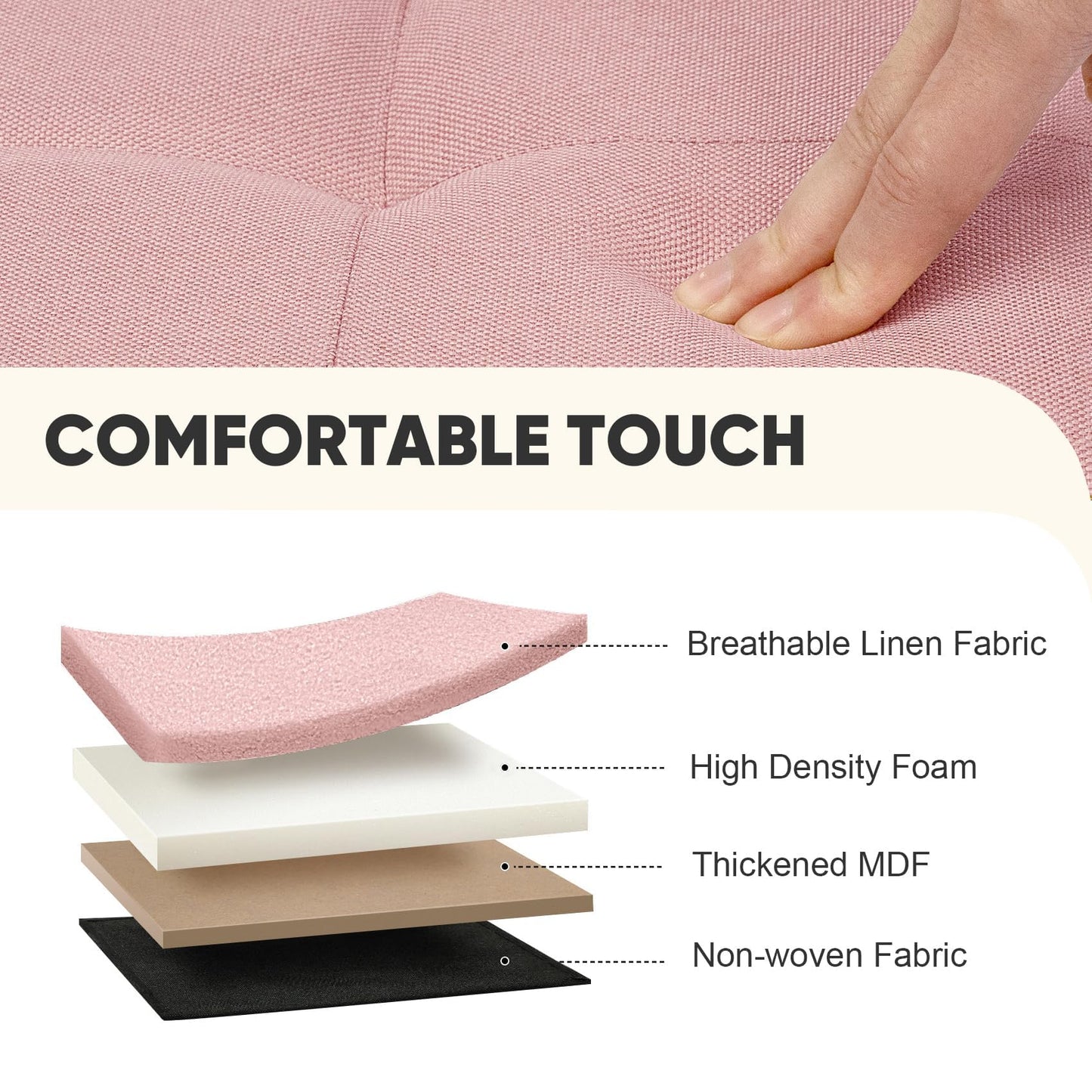 PINPLUS Tufted Linen Storage Ottoman Box, Foldable Footstool, Pink