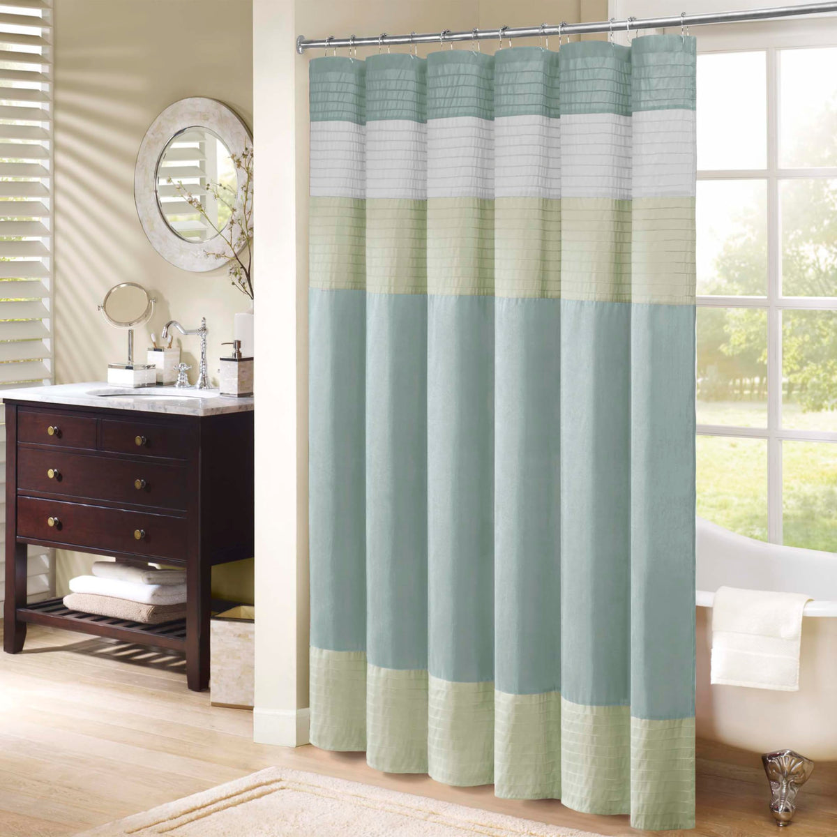 Madison Park Bathroom Shower Faux Silk Pieced Striped Modern Microfiber Bath Curtains, Polyester, Green, 72" W x 72" L (Pack of 1)