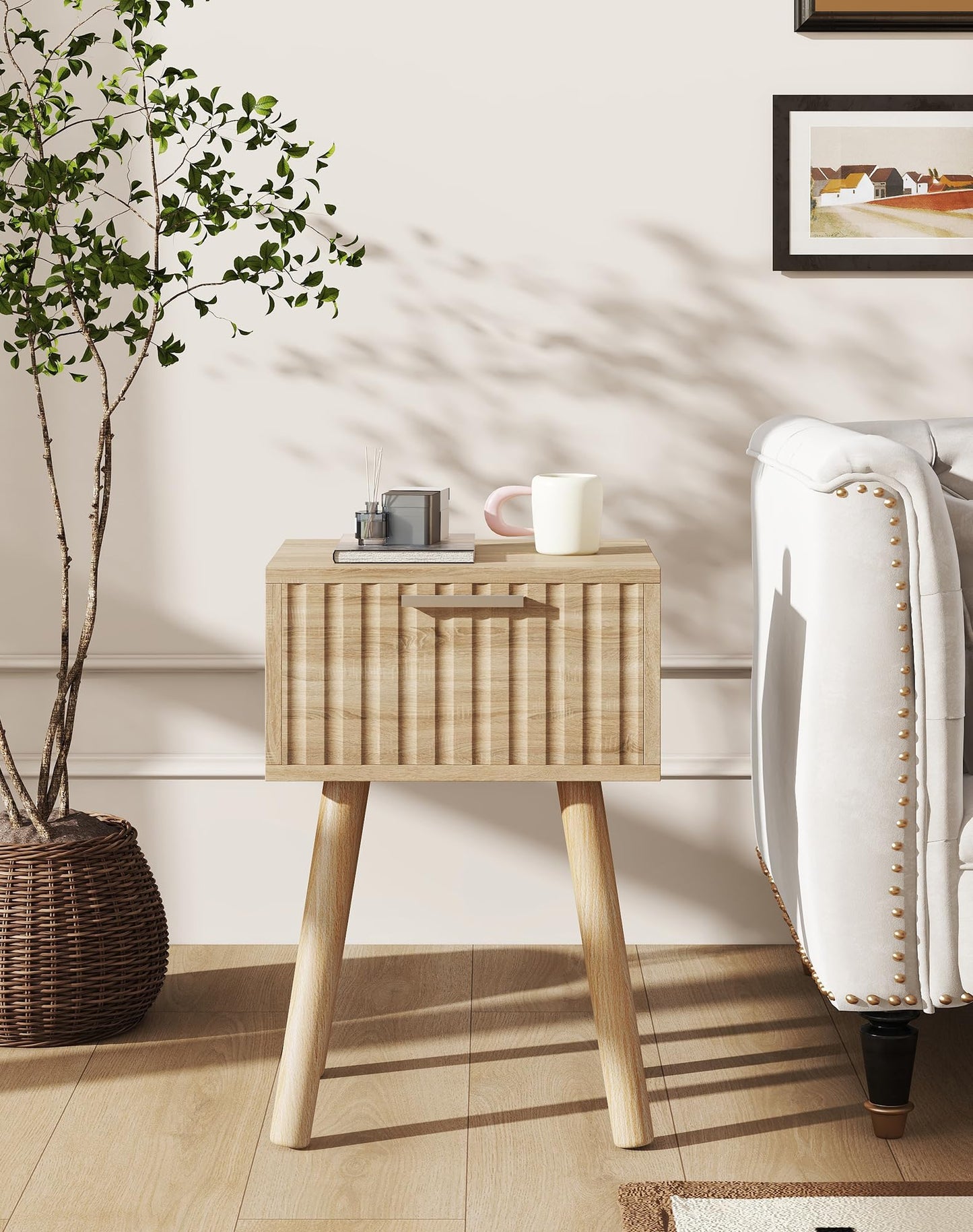 YMYNY Fluted Nightstand Set of 2, Small End Table, Modern Coffee Table with Drawer, Solid Wood Legs, Retaining Chain, 35x27x53cm