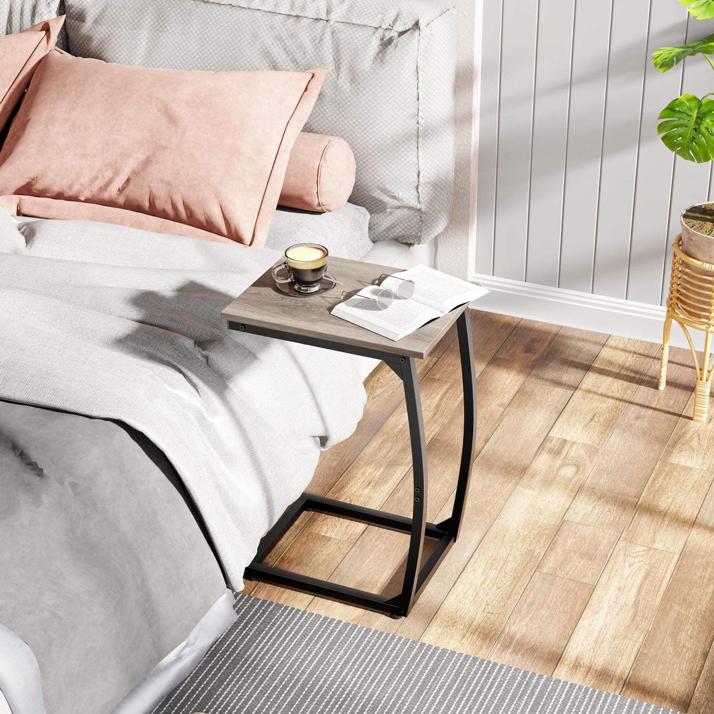 LAKEMID C Shaped End Table, Side Table for Couch, TV Tray Table for Living Room Bedroom (Grey)