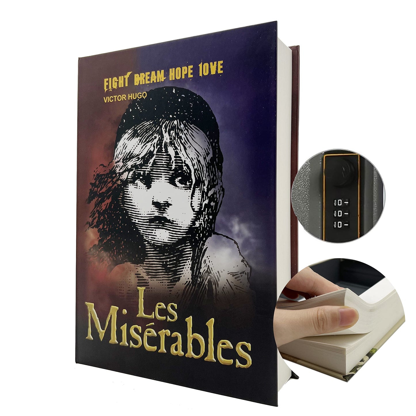 Book Safe, Real Paper Diversion Safe with Combination Lock, Hollow Hidden Compartment, for Jewelry, Money and Cash (Les Miserables,Combination)