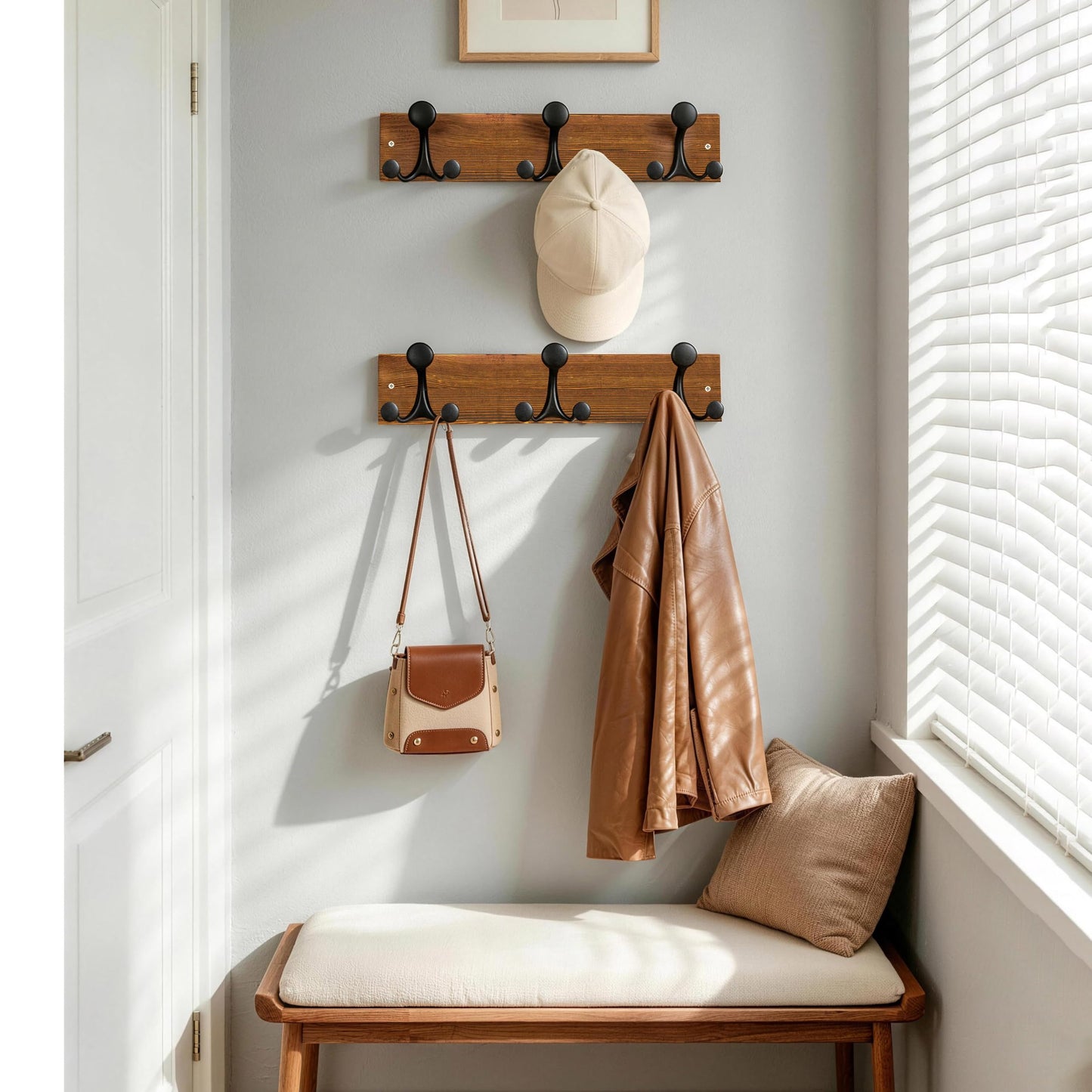 HONSKY Wall Mounted Coat Rack, 43cm Brown Pine Wood Base, 3 Black Sturdy Aluminium Alloy Triple Hooks (9 Hanging Points)