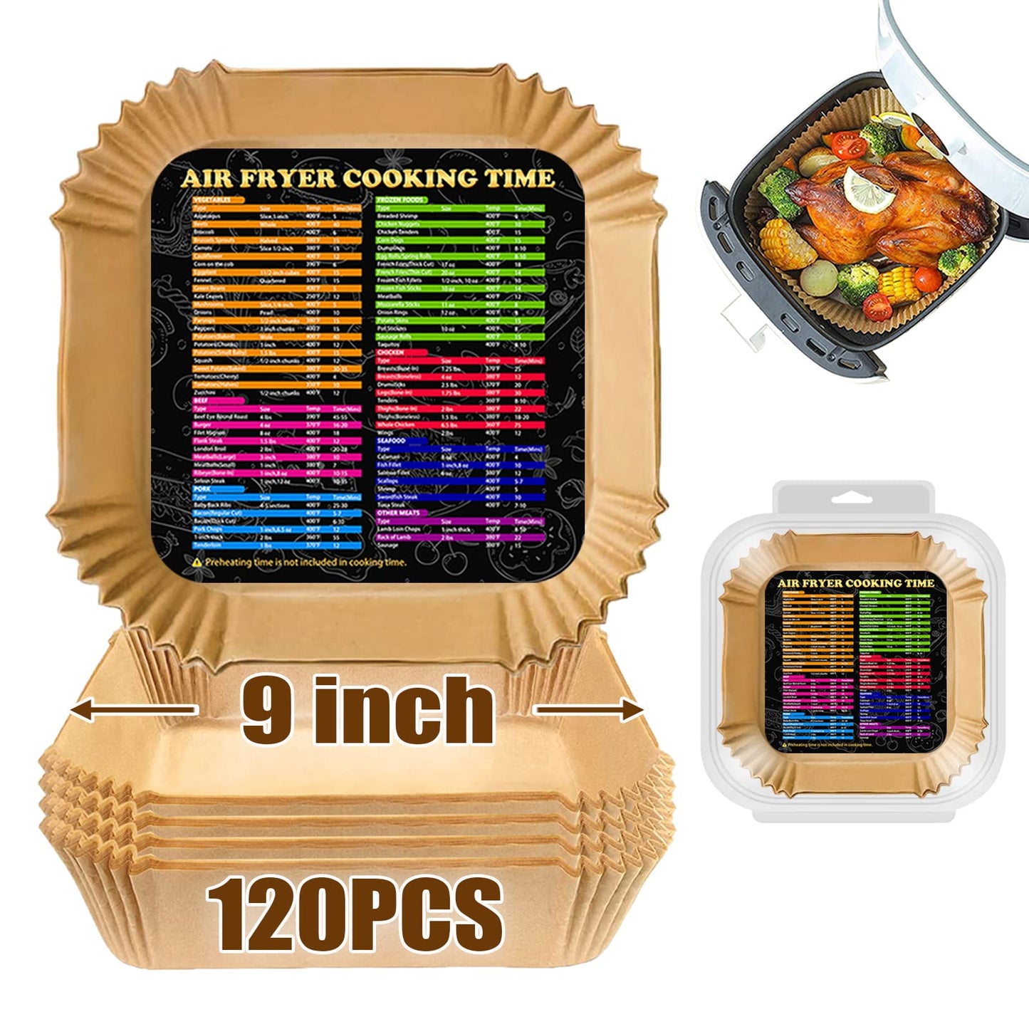 Air Fryer Disposable Paper Liners Square, 9 Inch Air Fryer Liners 120PCS, Parchment Paper Liners Oil-Proof, Water-Proof, Food Grade Baking Paper for