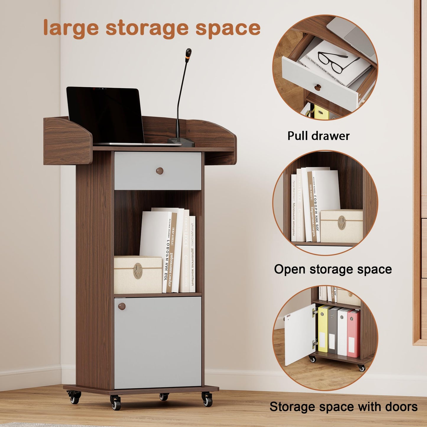 Turosur Podium Stand with Drawer, Hidden Cable Hole & Adjustable Shelf